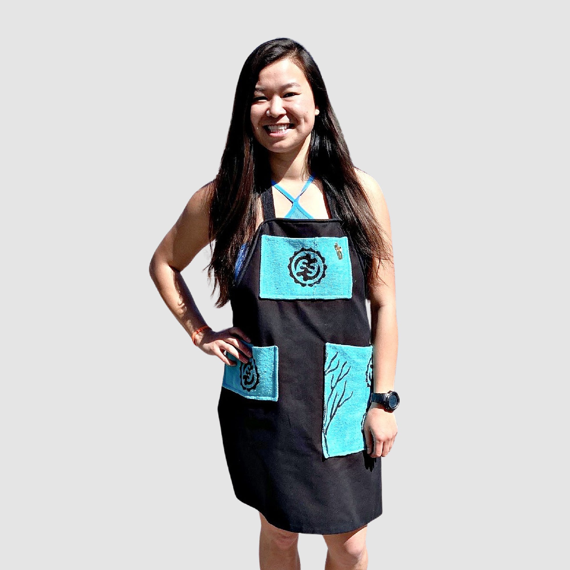 Teal Blue Apron, ORGANIC COTTON APRON, Blue and Black Apron, Reversible Apron, Gift for Her, Mother's Day Gift, Designer Apron