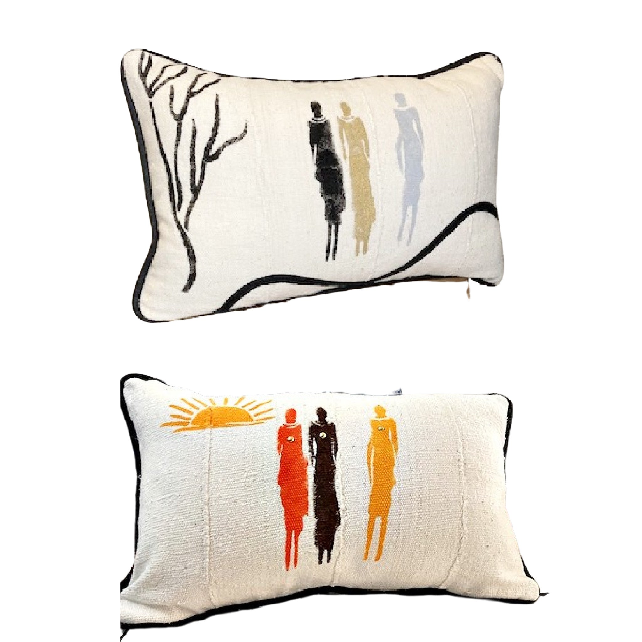 Long Lumbar Pillow with Hand Painted Women - Black and White