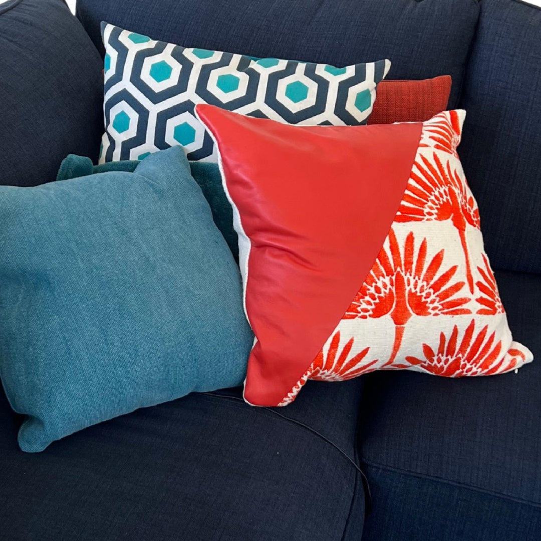Hand Painted Orange Leather Pillow with Thunderbird Symbol