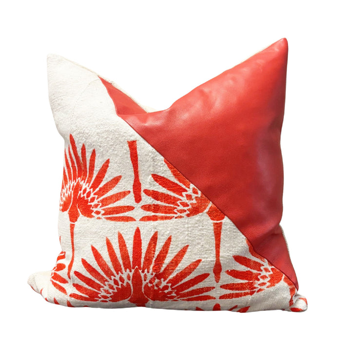 Hand Painted Orange Leather Pillow with Thunderbird Symbol