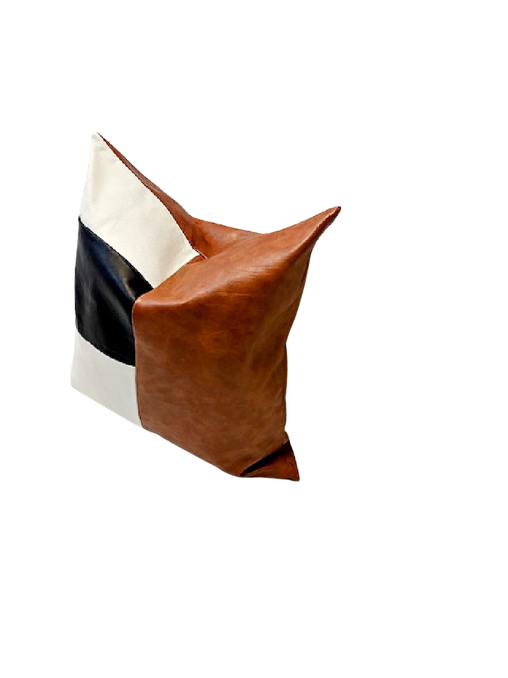 Multi-Color Faux Leather Pillow,  Black, Brown and White Pillow, Vegan Leather Pillow