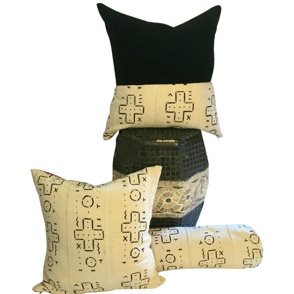 Mudcloth Bolster Pillow Cover, Long Black and White Pillow, Authentic Mud Cloth, Long Round Pillow, Neck Roll Pillow