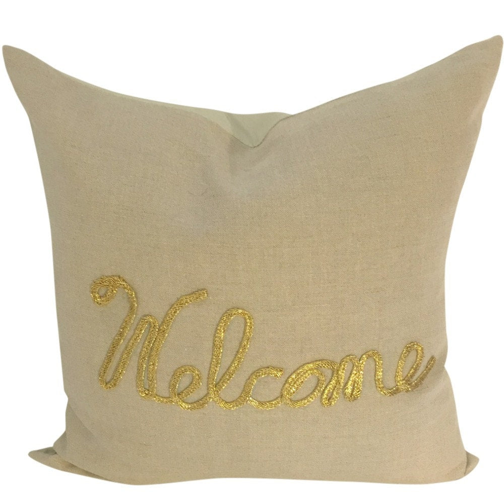 Taupe Linen Pillow Cover, Pillow Cover with Welcome, Neutral Sofa Pillow Couch
