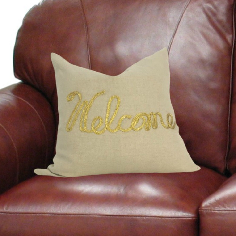 Taupe Linen Pillow Cover, Pillow Cover with Welcome, Neutral Sofa Pillow Couch