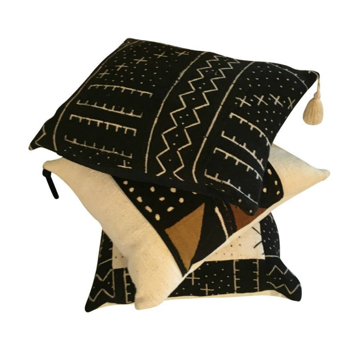 Handwoven Black Lumbar Pillow Cover, Black Mud Cloth, Black Throw Pillow Cover, Black Boho Pillow, Pillow with Tassels,18x18, 20x20, 22x22