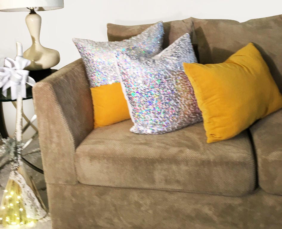 Sequin Pillow Cover, LINED White Pillow with Sequins,  Glam  Pillow Covers, White Pillow