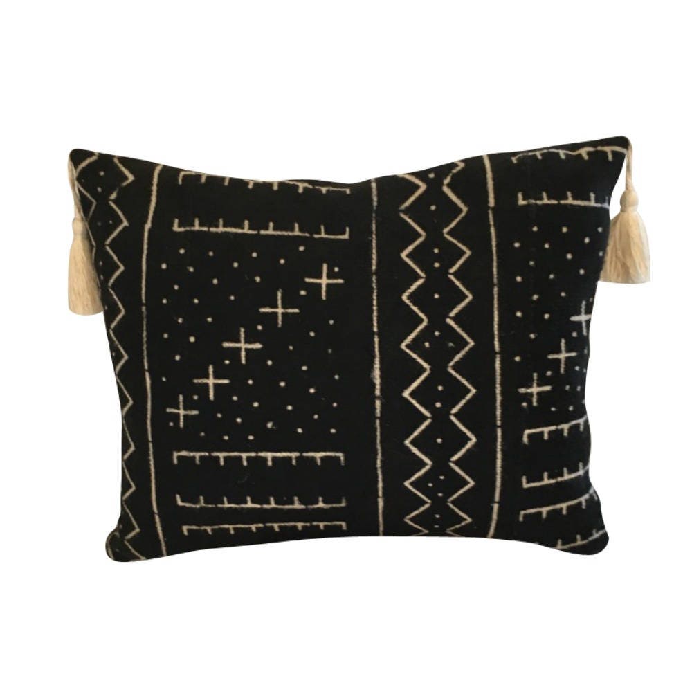 Handwoven Black Lumbar Pillow Cover, Black Mud Cloth, Black Throw Pillow Cover, Black Boho Pillow, Pillow with Tassels,18x18, 20x20, 22x22