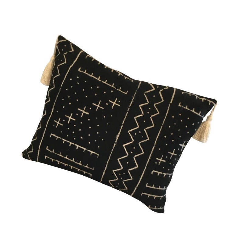Handwoven Black Lumbar Pillow Cover, Black Mud Cloth, Black Throw Pillow Cover, Black Boho Pillow, Pillow with Tassels,18x18, 20x20, 22x22