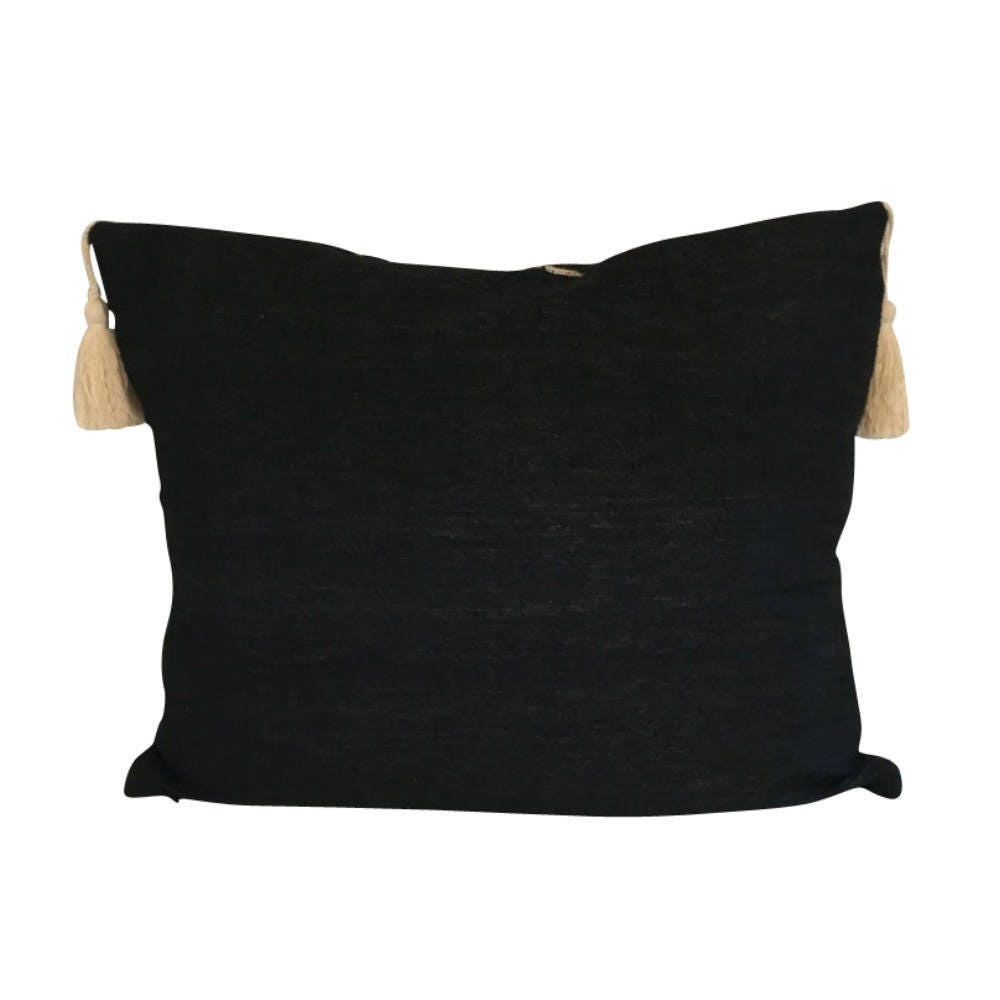 Handwoven Black Lumbar Pillow Cover, Black Mud Cloth, Black Throw Pillow Cover, Black Boho Pillow, Pillow with Tassels,18x18, 20x20, 22x22