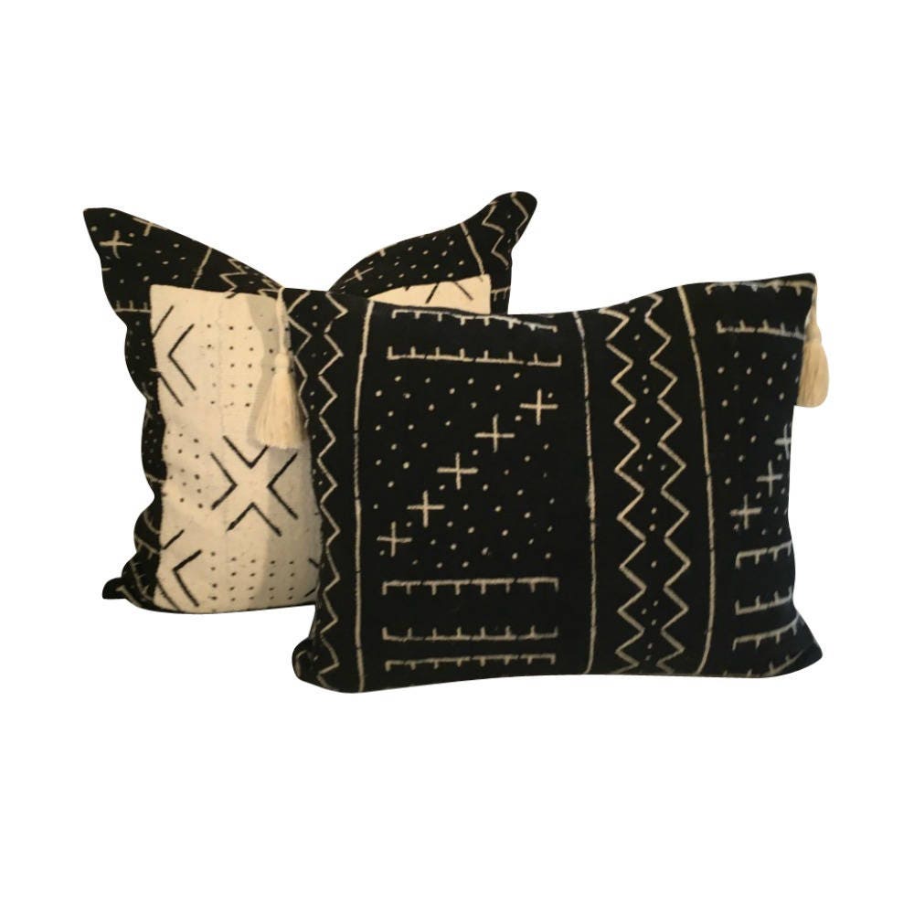 Handwoven Black Lumbar Pillow Cover, Black Mud Cloth, Black Throw Pillow Cover, Black Boho Pillow, Pillow with Tassels,18x18, 20x20, 22x22