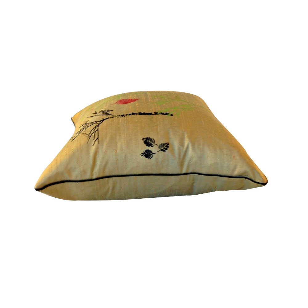 Hand Painted Flower Pillow Cover, LINED SILK Pillow, Pillow with Leaves, Tan SILK Pillow