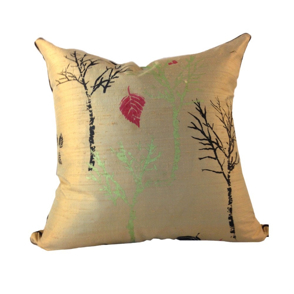 Tan Silk Pillow Cover, LINED Pillow, Beige SILK Couch Pillow, Hand Painted Silk Pillow,  Pillow with Trees