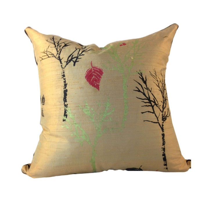 Tan Silk Pillow Cover, LINED Pillow, Beige SILK Couch Pillow, Hand Painted Silk Pillow,  Pillow with Trees