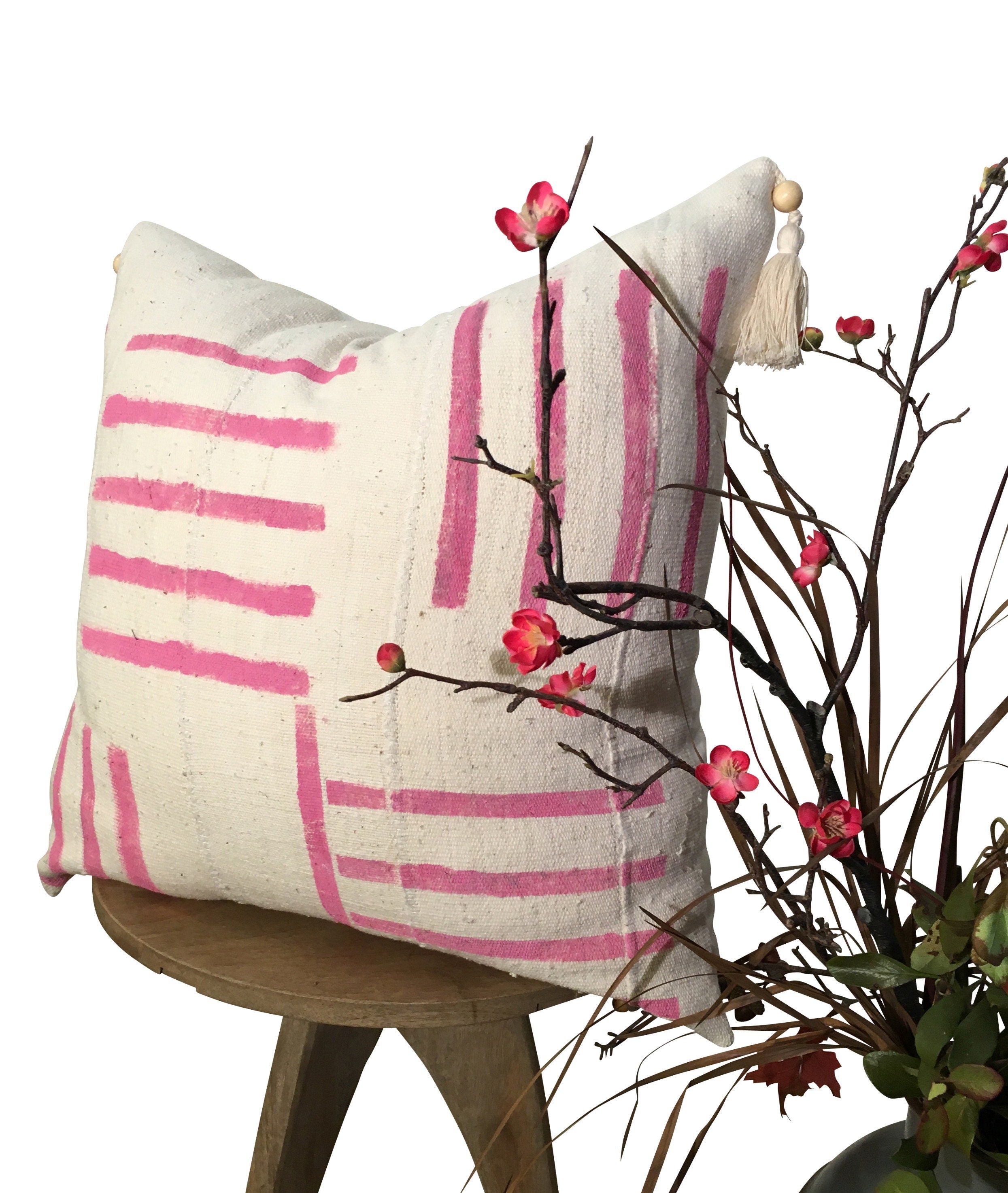 Antique Pink Mud Cloth Pillow Cover, Stripped Pillow, Organic Cotton Pillow with Tassel