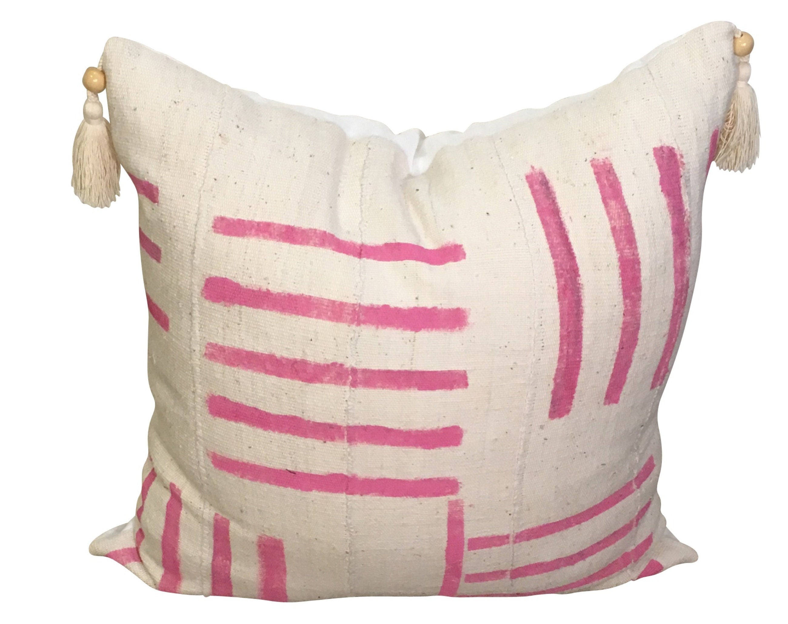 Antique Pink Mud Cloth Pillow Cover, Stripped Pillow, Organic Cotton Pillow with Tassel