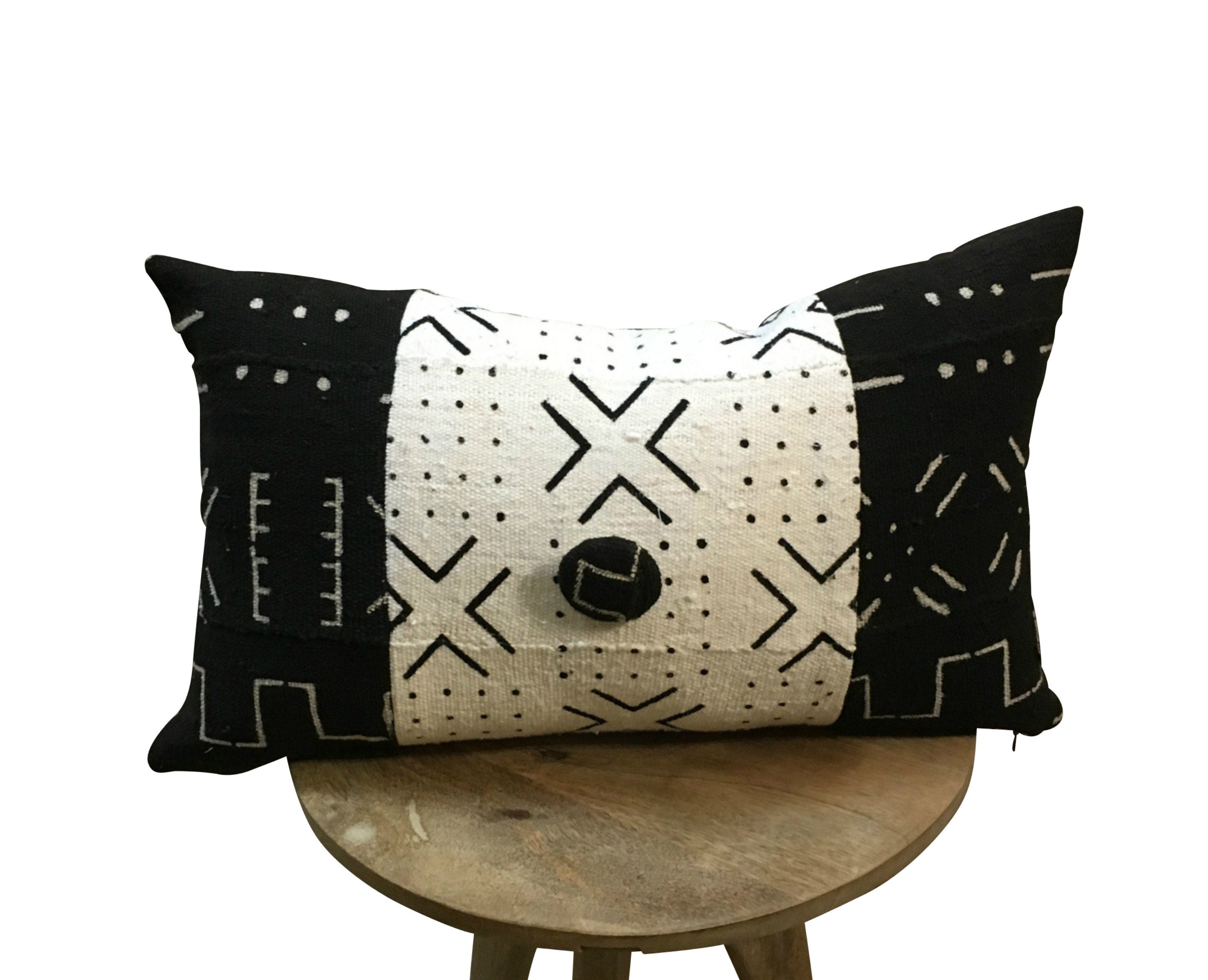Black and White Lumbar,  Long Black and White Pillow, Mud Cloth Lumbar Pillow, African Tribal Pattern, Modern Home Décor