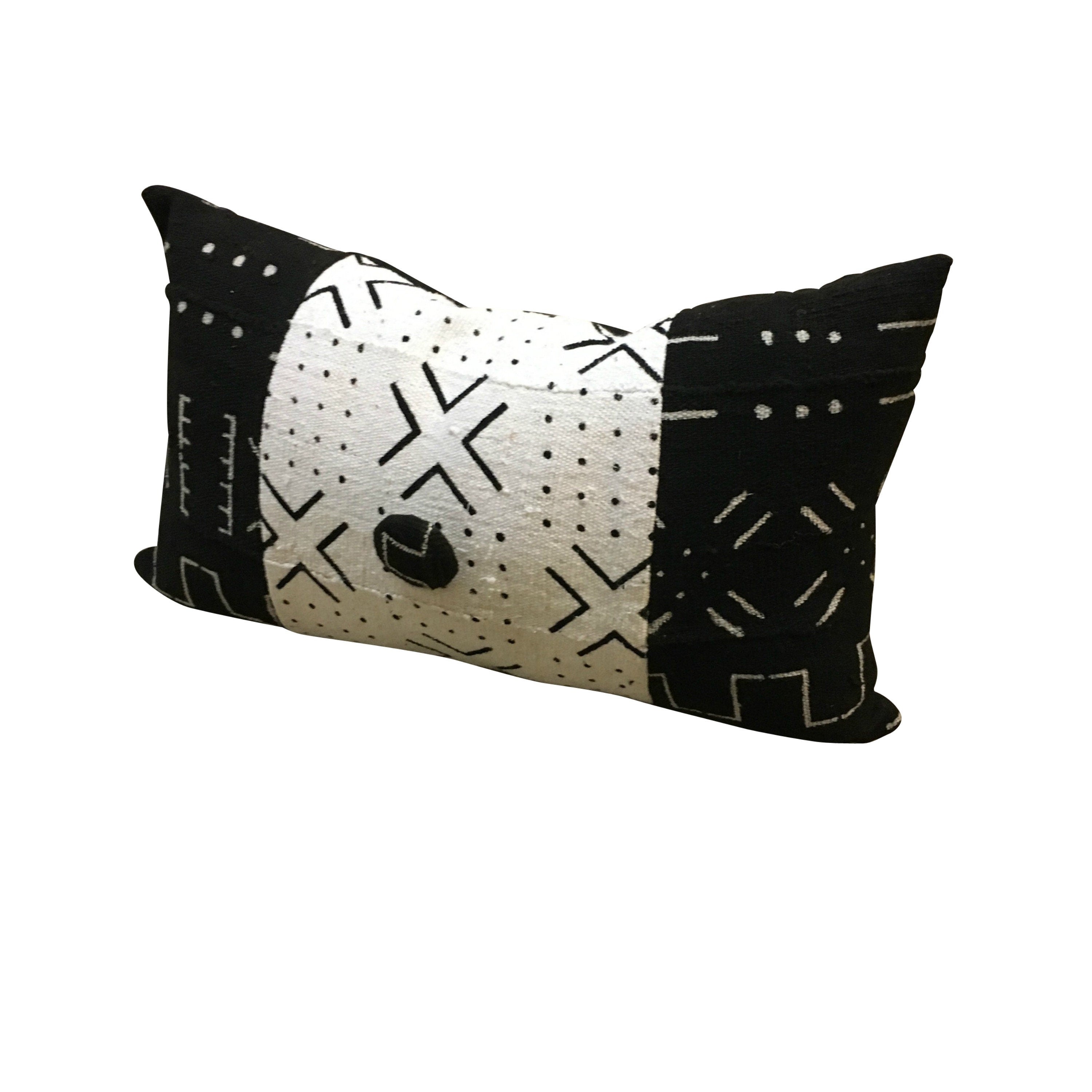 Black and White Lumbar,  Long Black and White Pillow, Mud Cloth Lumbar Pillow, African Tribal Pattern, Modern Home Décor