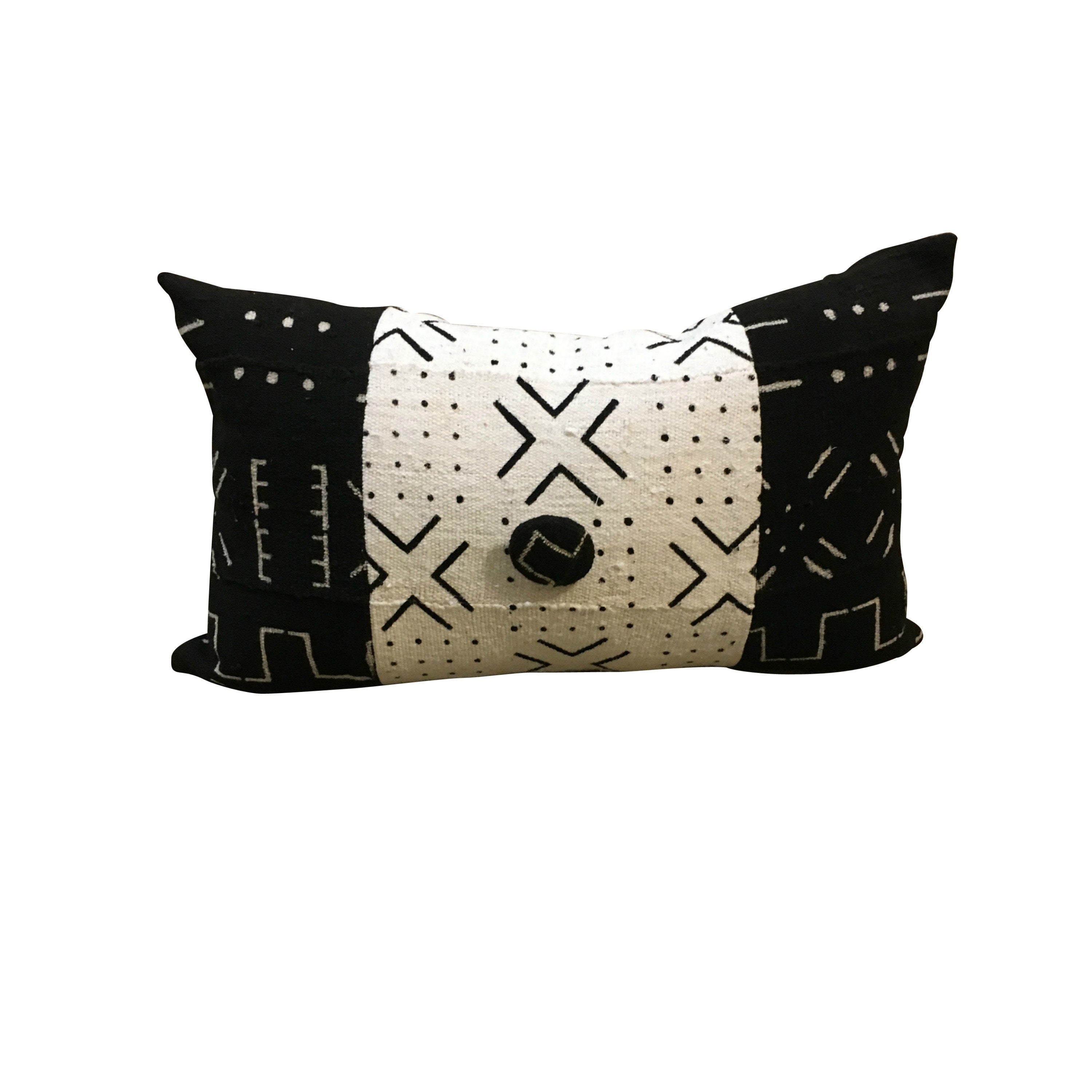 Black and White Lumbar,  Long Black and White Pillow, Mud Cloth Lumbar Pillow, African Tribal Pattern, Modern Home Décor
