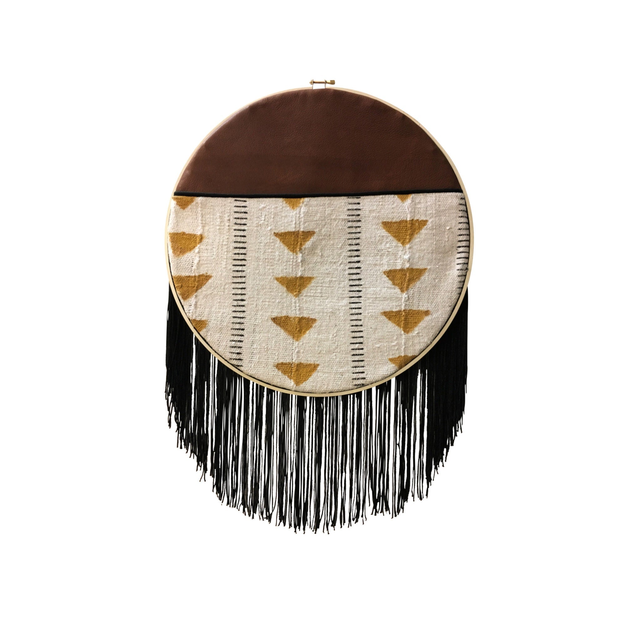 Geometric Wall Hanging, African Dream Catcher, Leather Wall Art, Modern Boho Art, Mud Cloth Home Décor, Round Wall Hanging