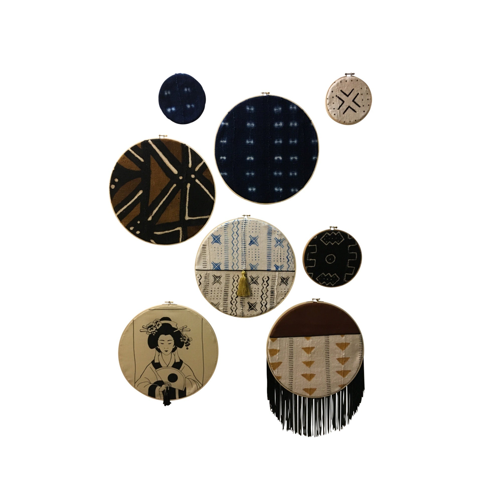 Geometric Wall Hanging, African Dream Catcher, Leather Wall Art, Modern Boho Art, Mud Cloth Home Décor, Round Wall Hanging