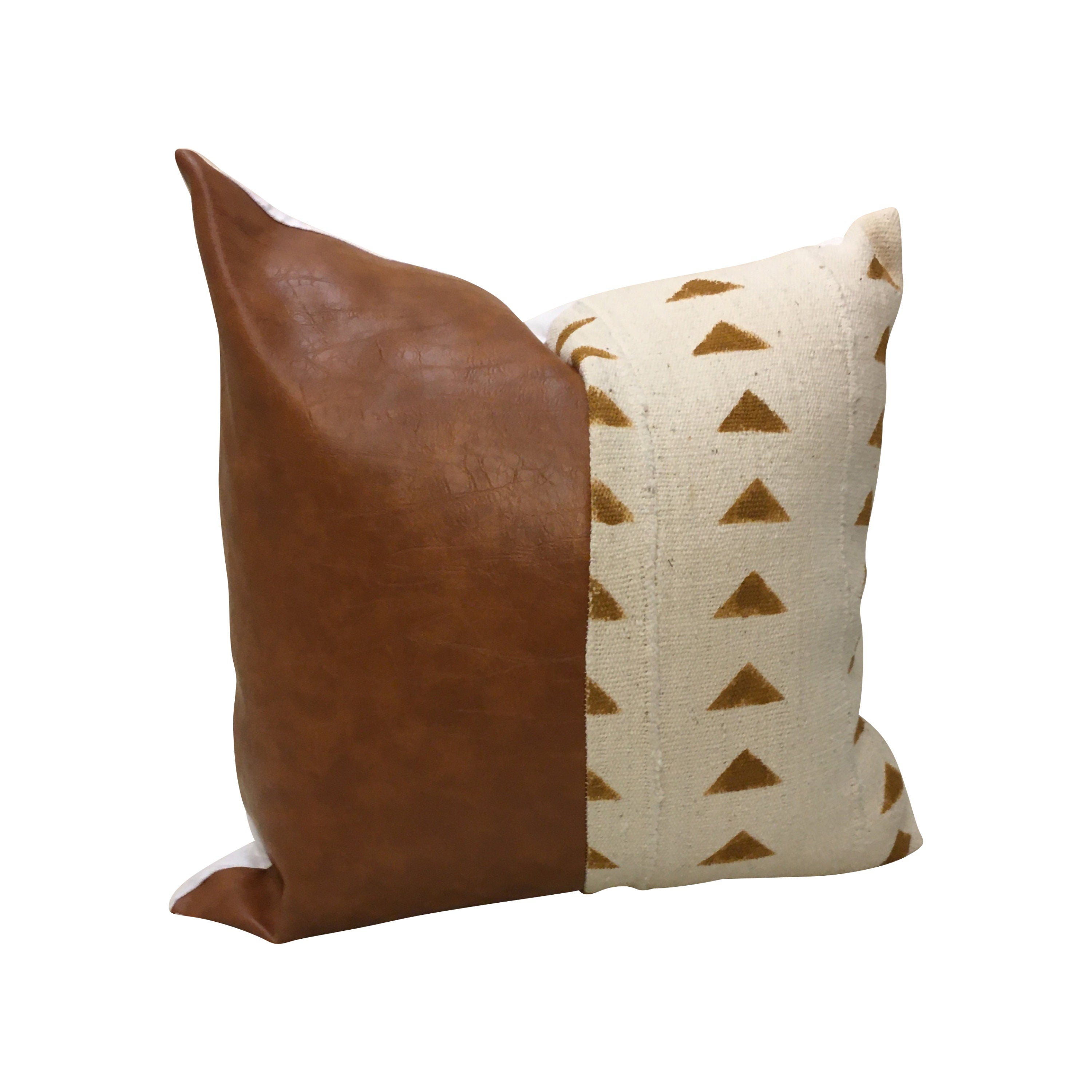 Rust Geometric Pillow Cover, Faux Leather Pillow, Brown and White Pillow, Brown Mud Cloth Pillow
