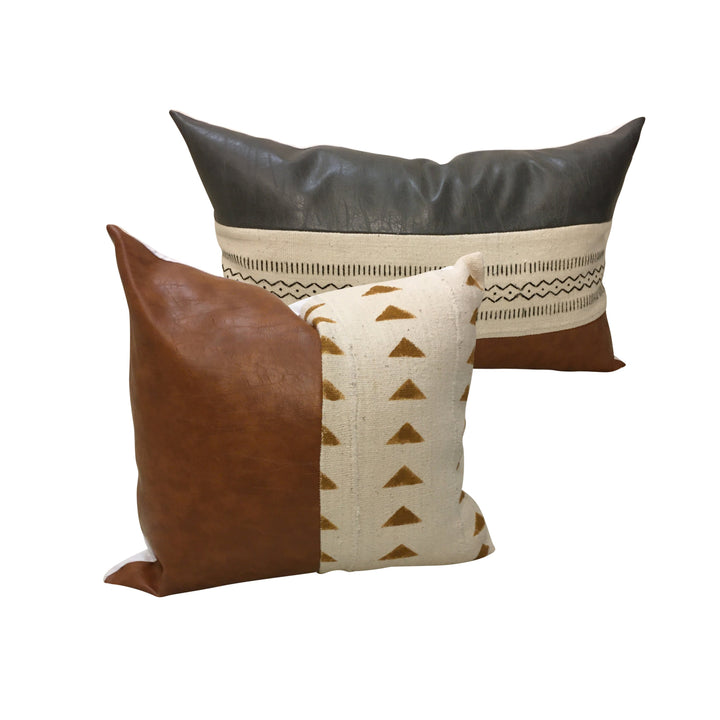 Triangle Pillow Cover, Vegan Leather Pillow, Rust-Brown and White Pillow, Brown Mud Cloth Pillow