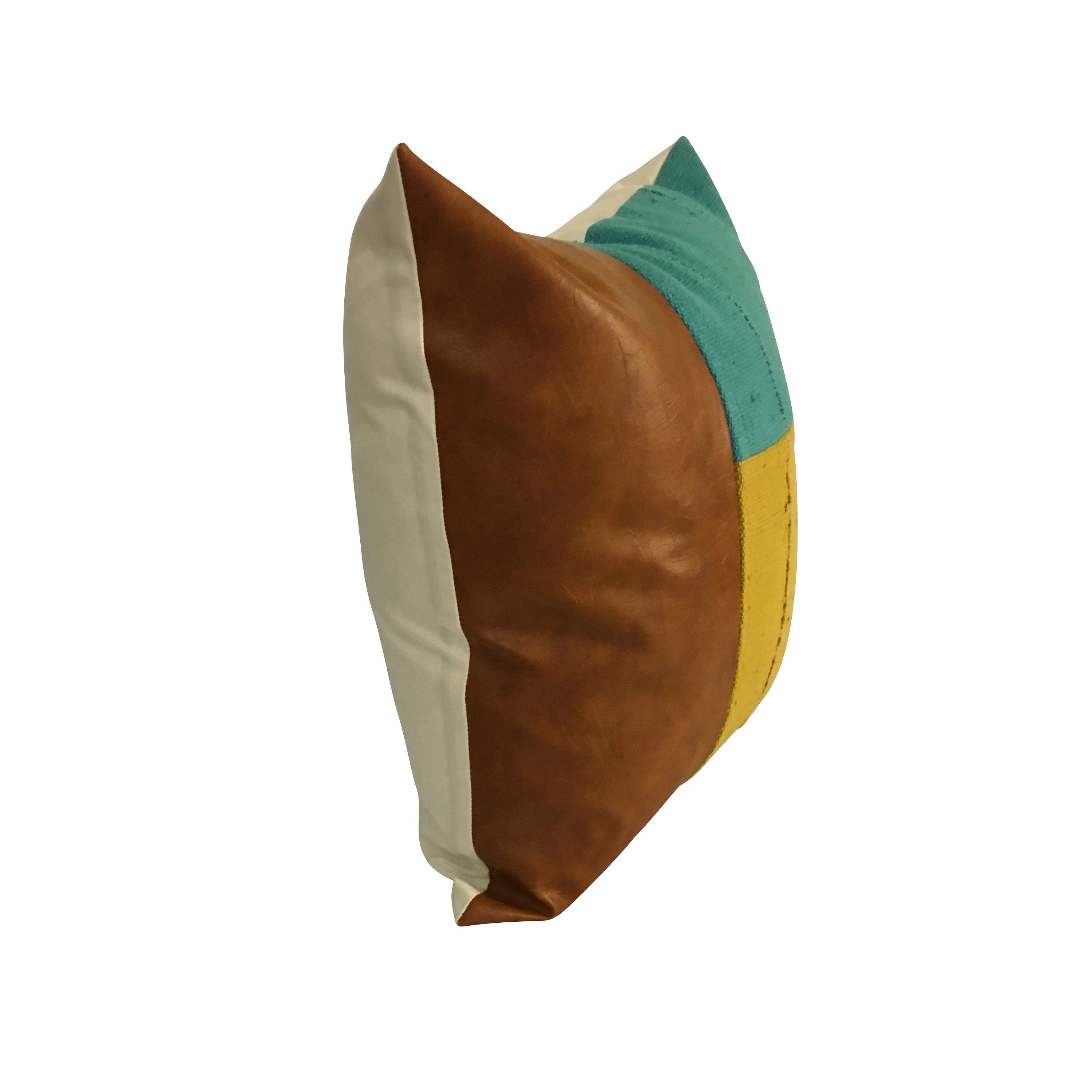 Vegan Leather Pillow,  Blue and Mustard Yellow Pillow Cover, Mudcloth Pillow, Faux Leather Color Block Pillow