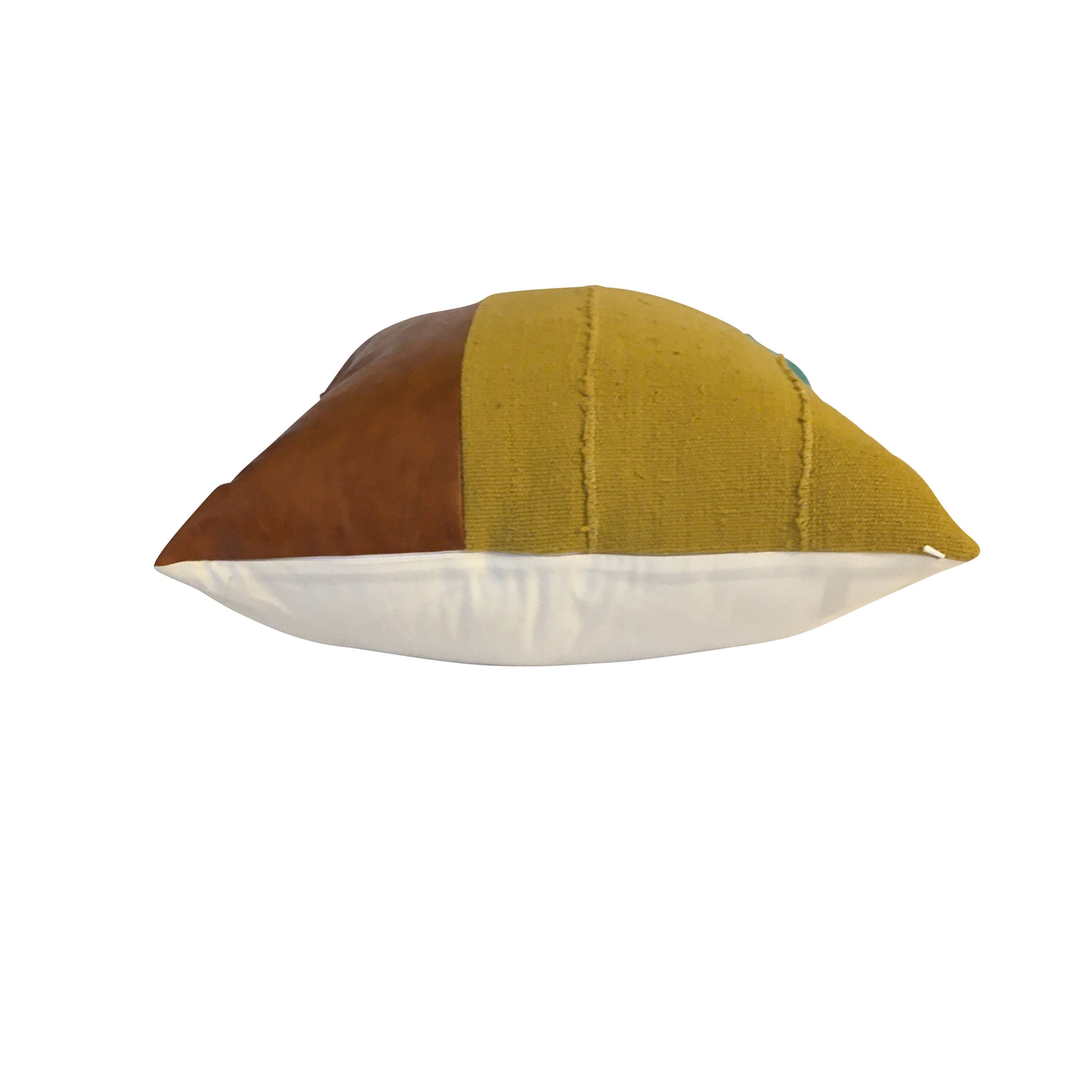 Vegan Leather Pillow,  Blue and Mustard Yellow Pillow Cover, Mudcloth Pillow, Faux Leather Color Block Pillow