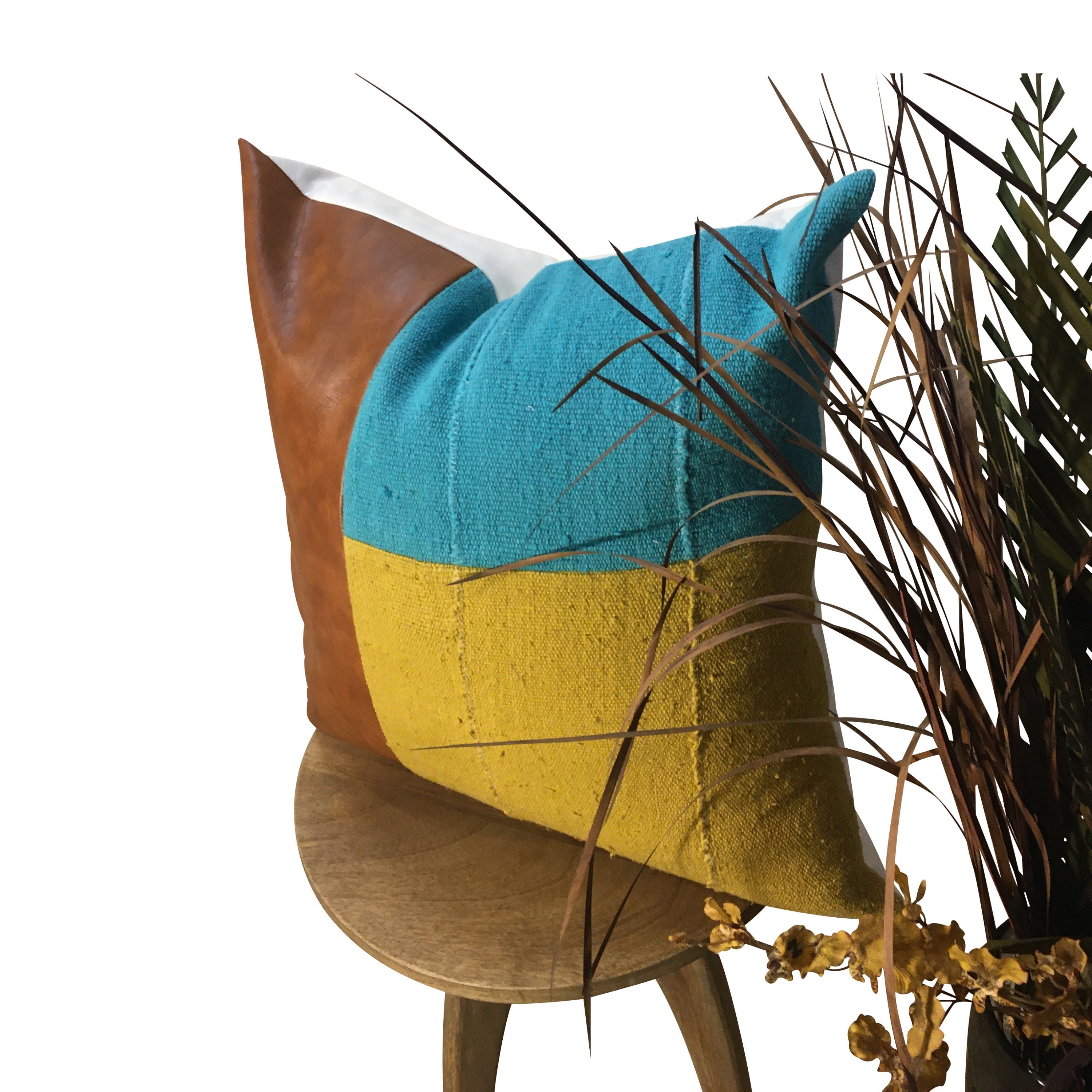 Vegan Leather Pillow,  Blue and Mustard Yellow Pillow Cover, Mudcloth Pillow, Faux Leather Color Block Pillow