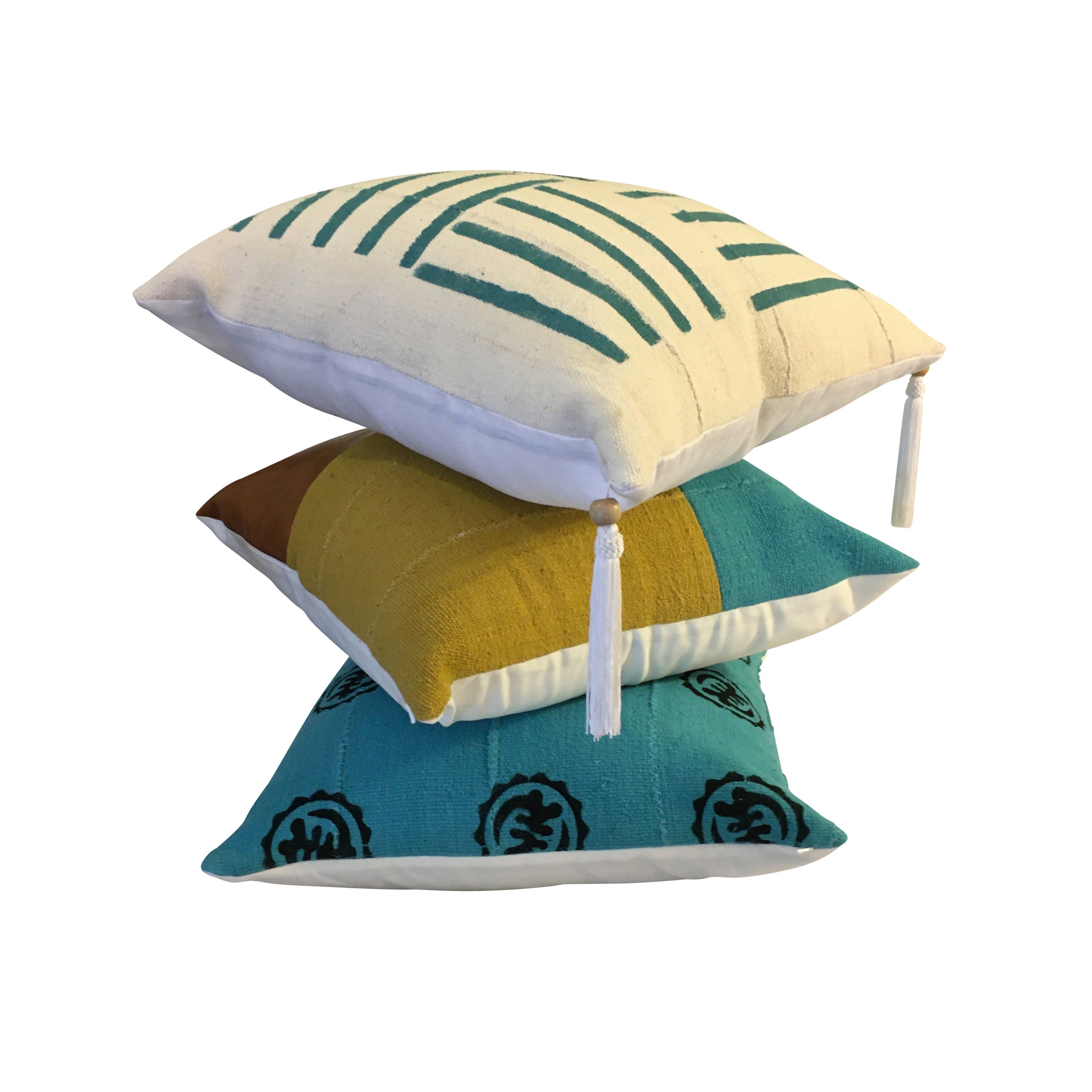 Blue Mudcloth Pillow Cover, Stripped Pillow, Organic Cotton Pillow, Boho Tassel Pillow, Pillow for Men and Women, Pink Stripe PillowI