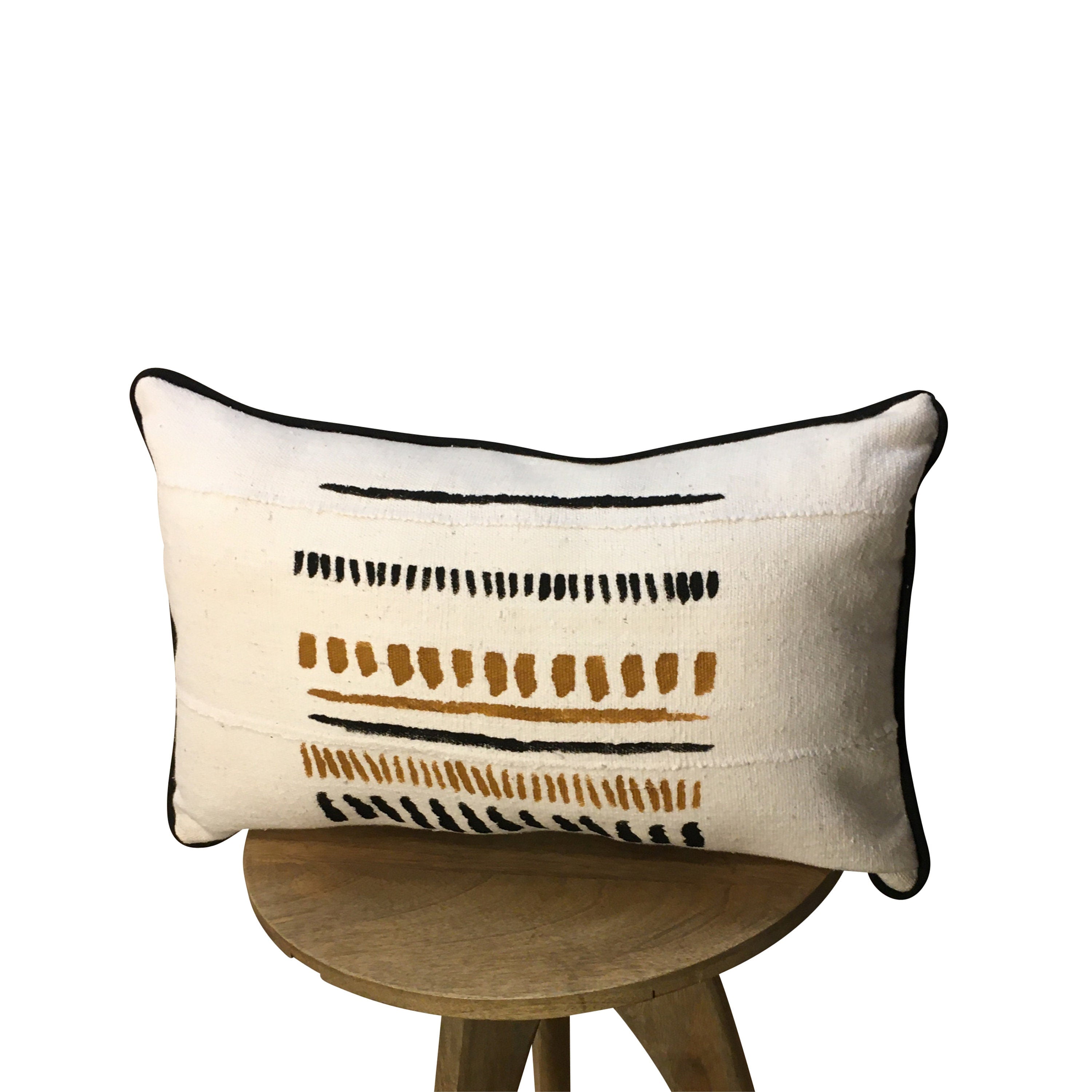 Long Boho Pillow, Brown and White Lumbar Pillow, Mudcloth Lumbar Pillow,  Piping on 12x18, 12x20, 12x22, 14x20, 14x22