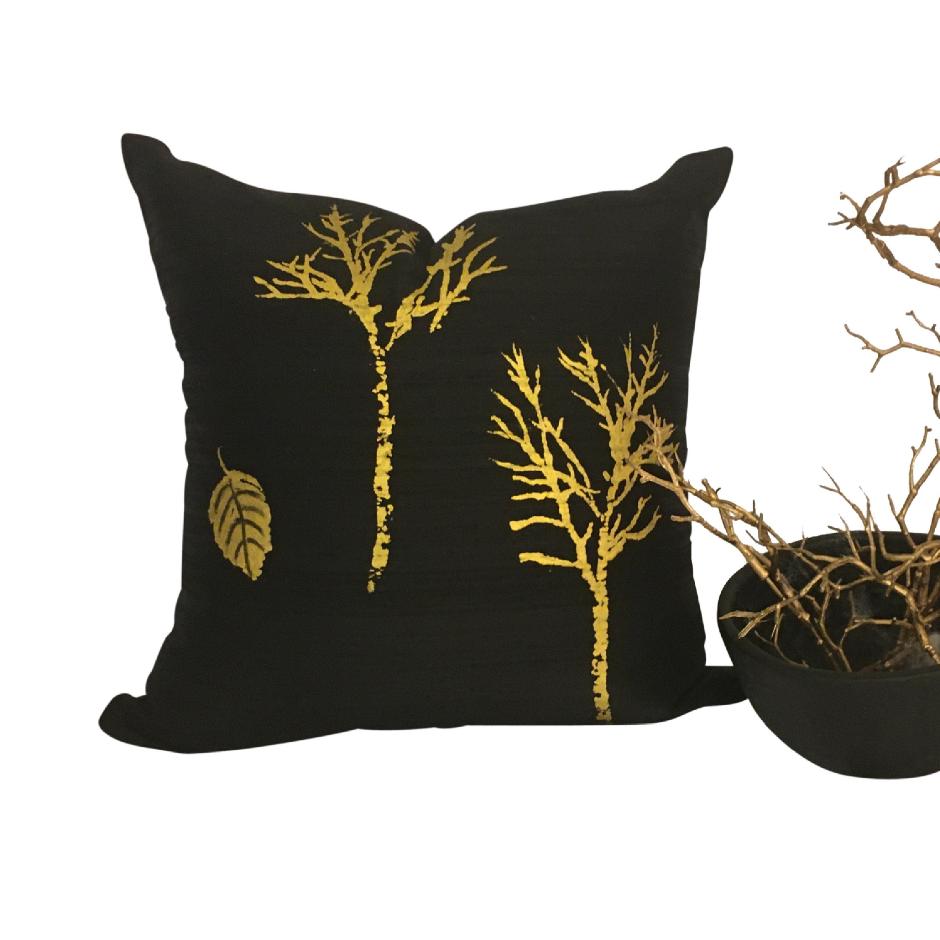 LINED!! Black SILK Pillow Cover, Gold and Black SILK Couch Pillow, Hand Painted Silk Pillow,  Pillow with Trees,, 18x18 Silk Pillow, 20x20