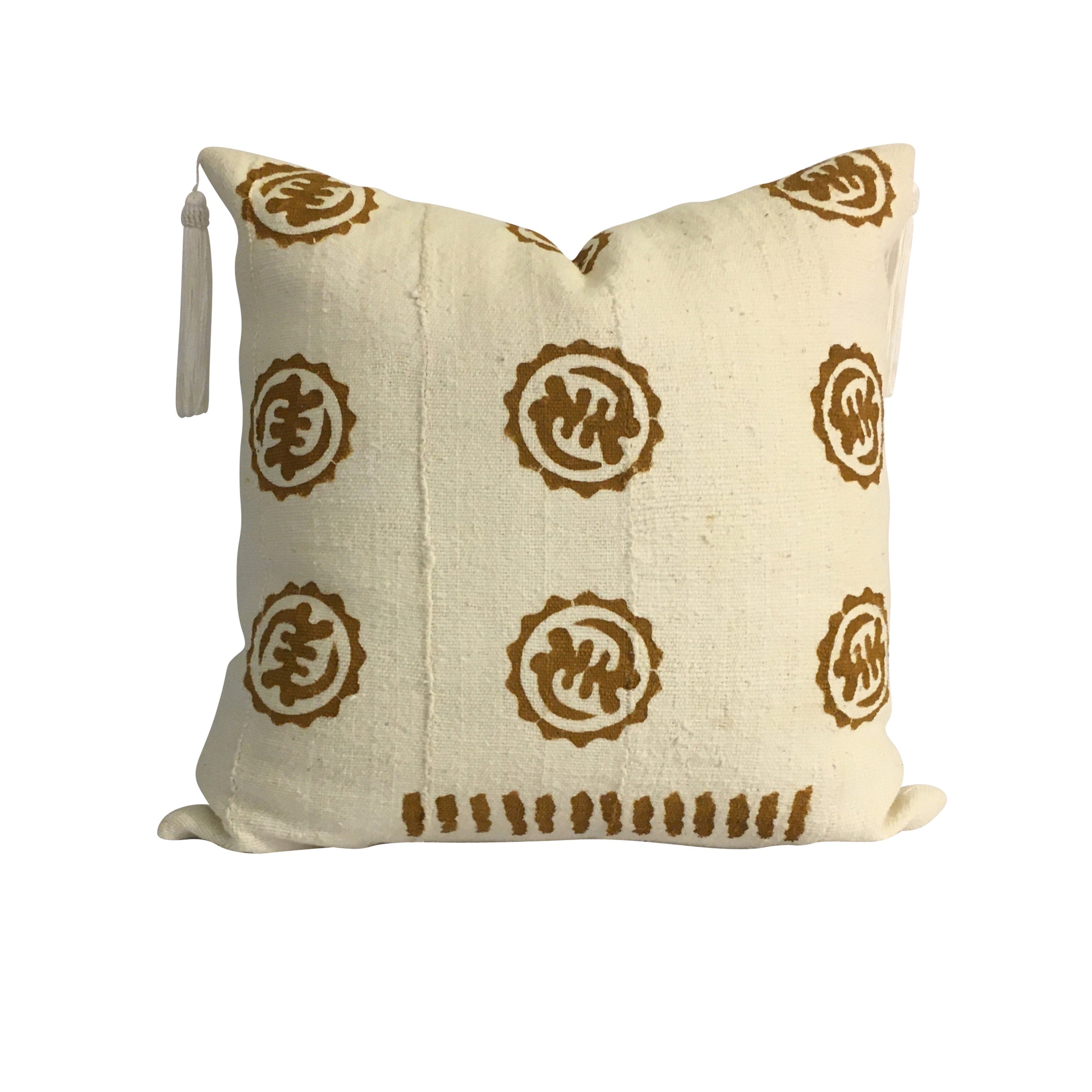Brown and White Mudcloth Pillow Cover, Tassels on Pillow, Pillow for Men and Women, Geometric Shape Pillow, Organic Cotton Pillow, Boho