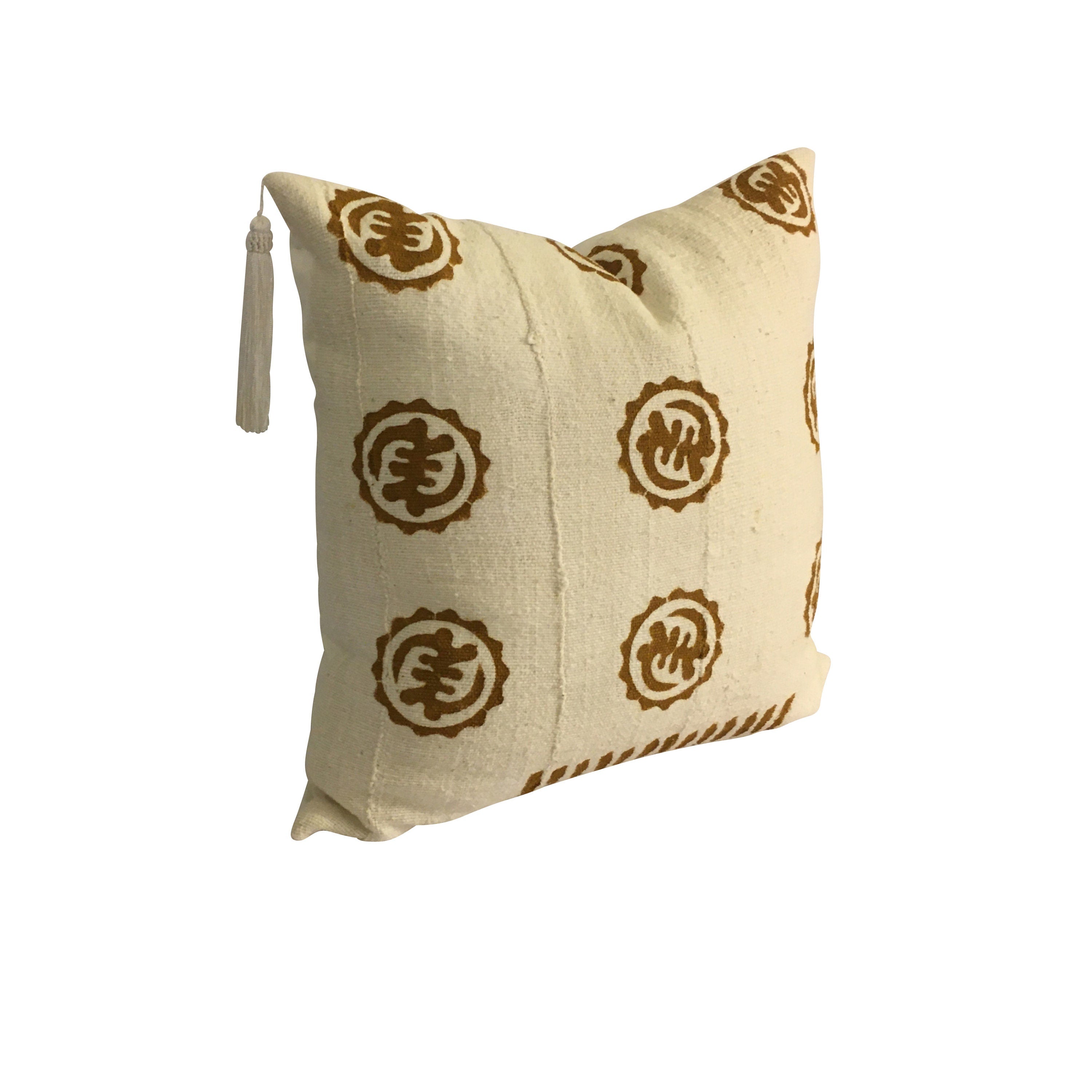 Brown and White Mudcloth Pillow Cover, Tassels on Pillow, Pillow for Men and Women, Geometric Shape Pillow, Organic Cotton Pillow, Boho