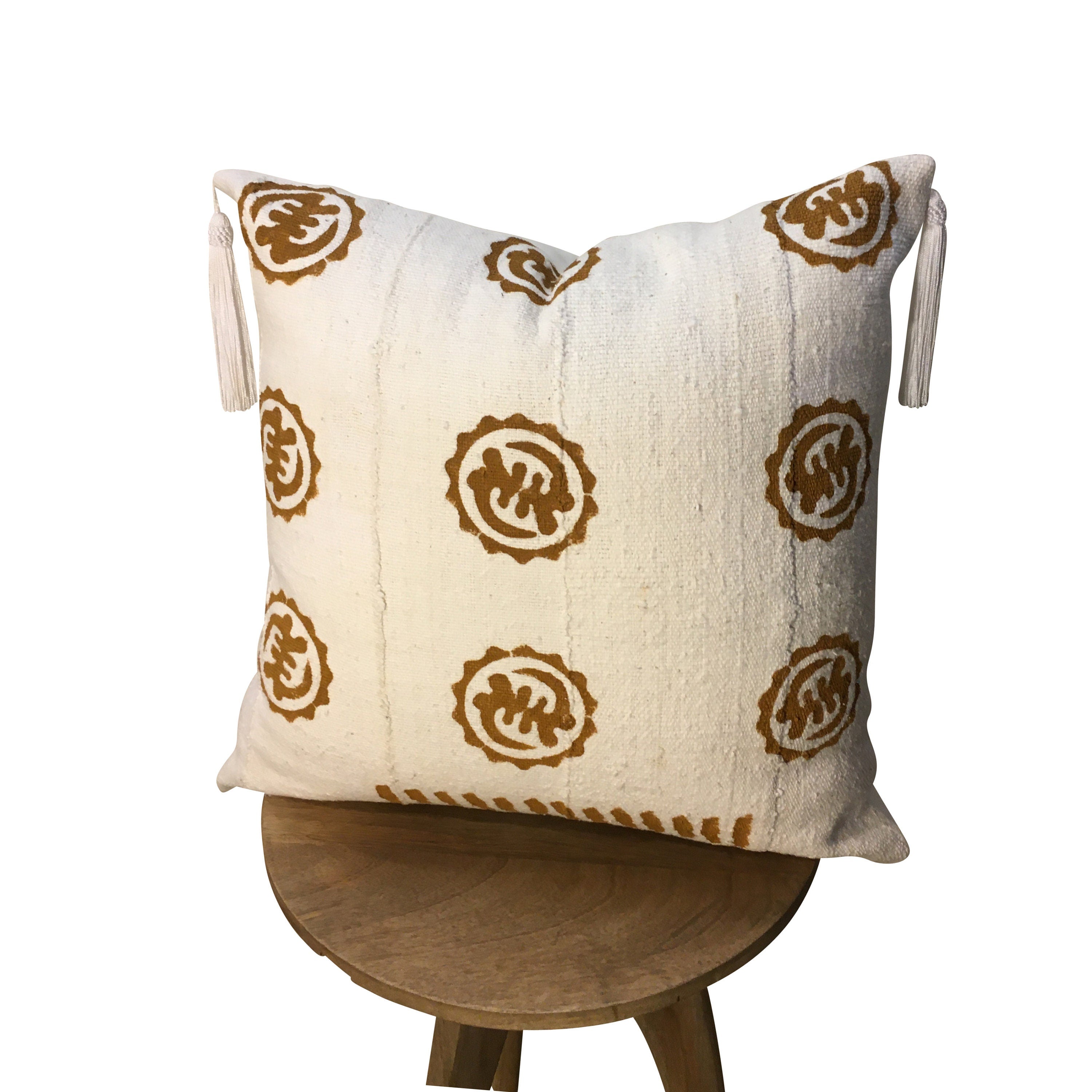 Brown and White Mudcloth Pillow Cover, Tassels on Pillow, Pillow for Men and Women, Geometric Shape Pillow, Organic Cotton Pillow, Boho