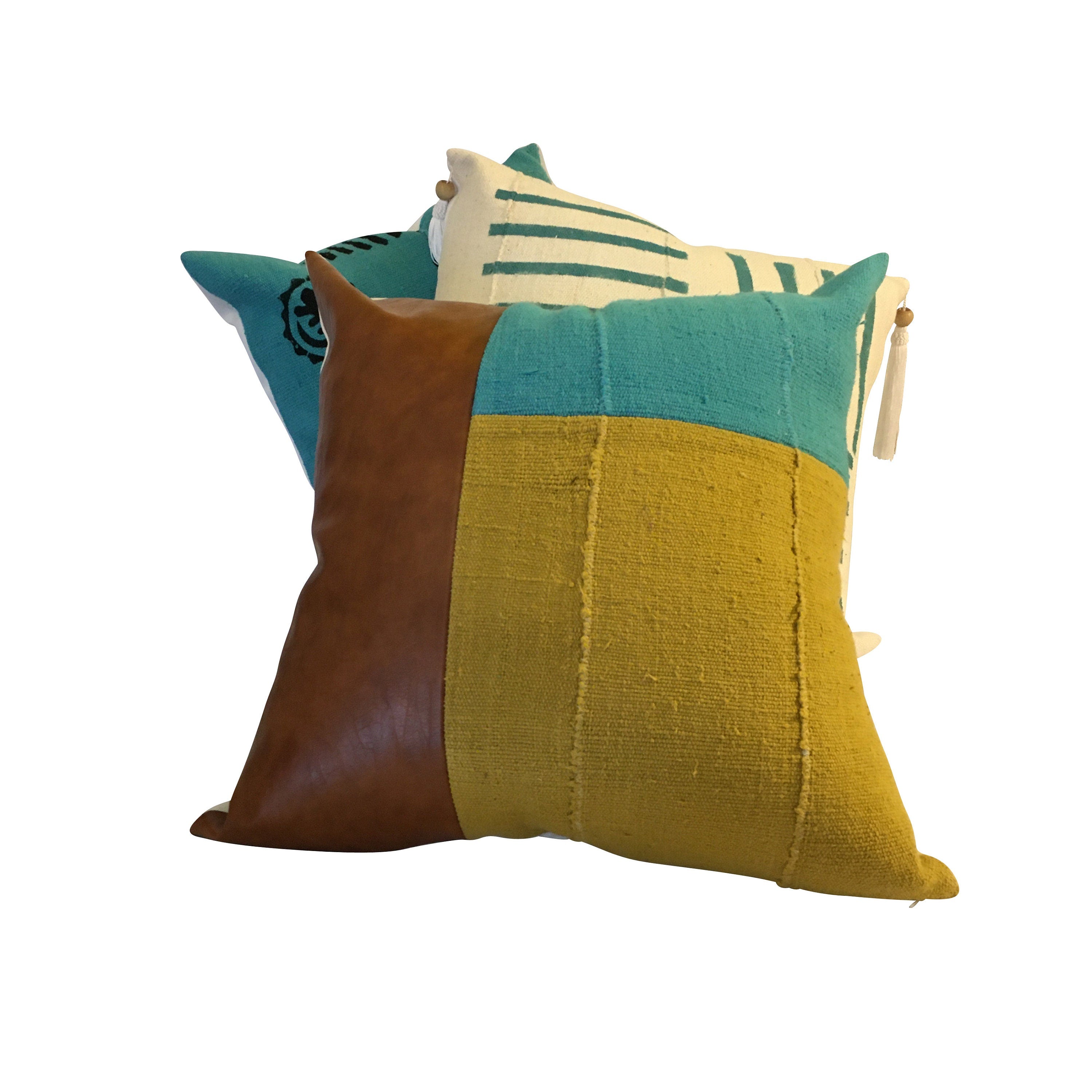 Vegan Leather Pillow,  Blue and Mustard Yellow Pillow Cover, Mudcloth Pillow, Faux Leather Color Block Pillow