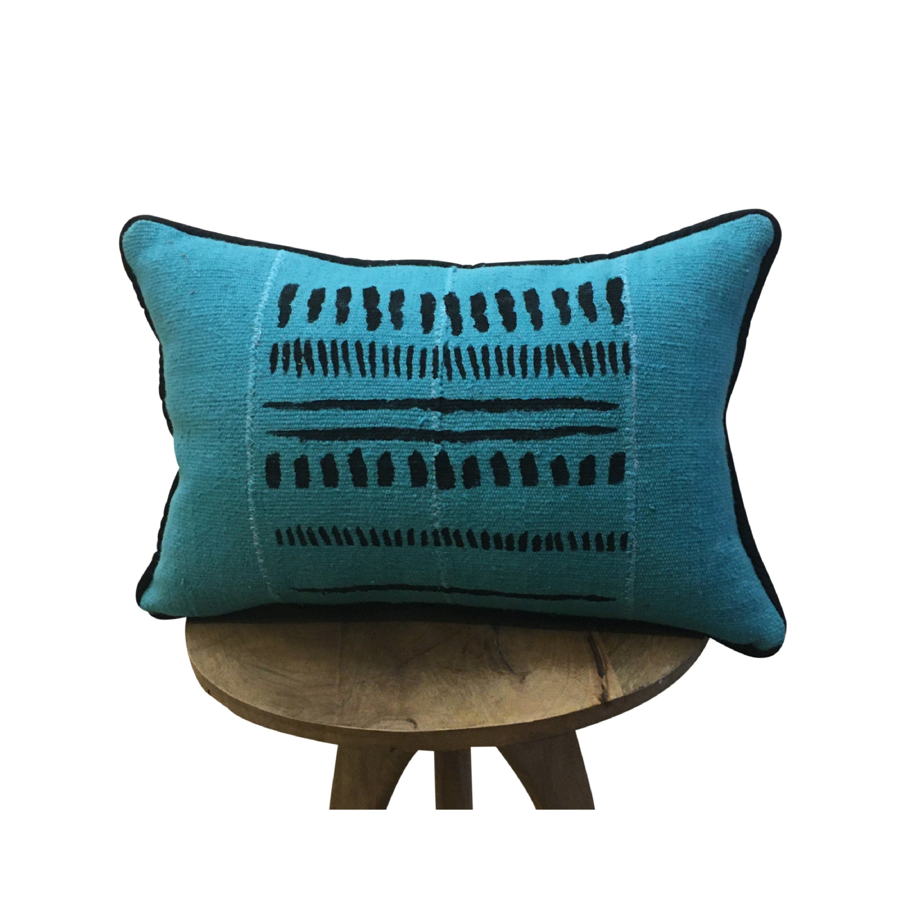 Blue Lumbar Pillow, Mudcloth Long Pillow,  Piping on Pillow, 12x18, 12x20, 12x22, 14x20, 14x22