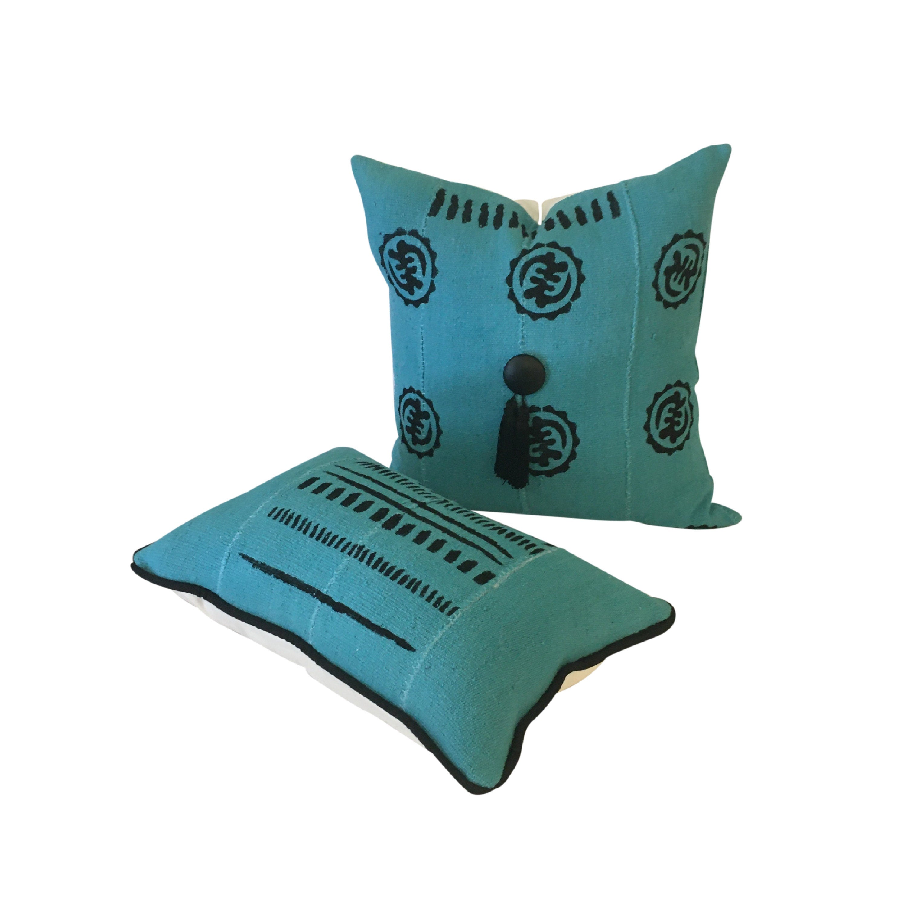 Blue Lumbar Pillow, Mudcloth Long Pillow,  Piping on Pillow, 12x18, 12x20, 12x22, 14x20, 14x22