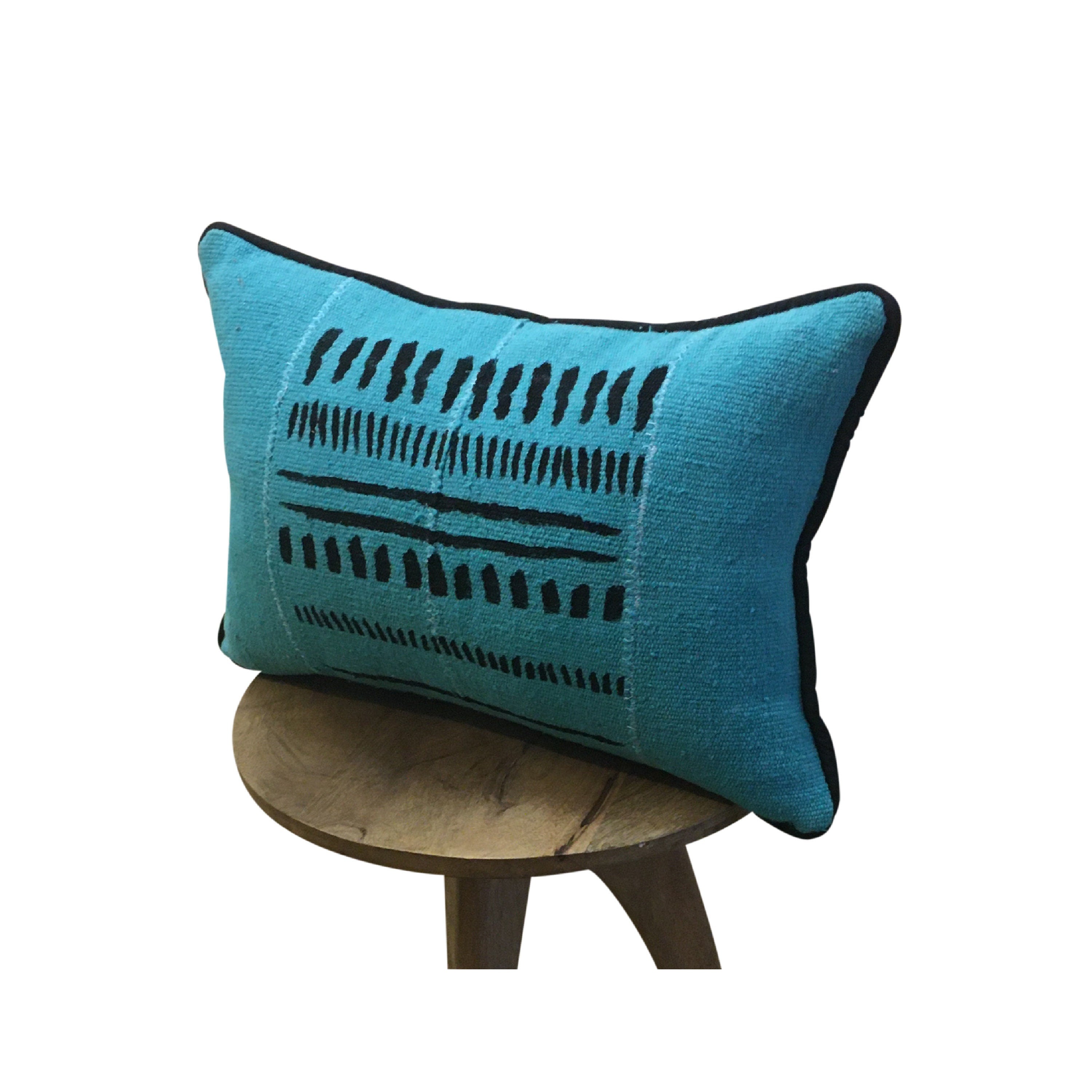 Blue Lumbar Pillow, Mudcloth Long Pillow,  Piping on Pillow, 12x18, 12x20, 12x22, 14x20, 14x22