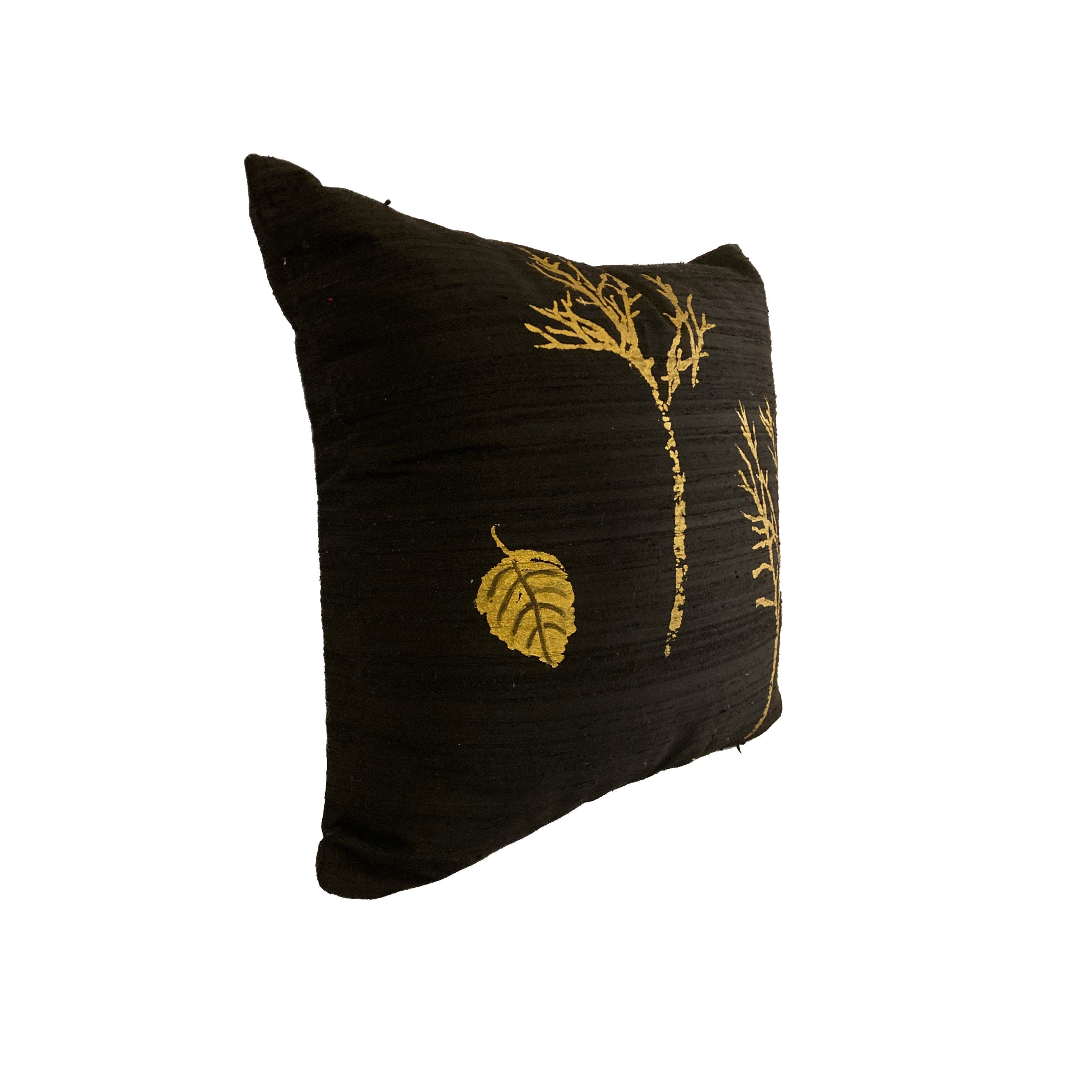 Gold and Black Pillow, LINED Pillow Cover, Indian Silk Pillow, Hand Painted Pillow with Trees