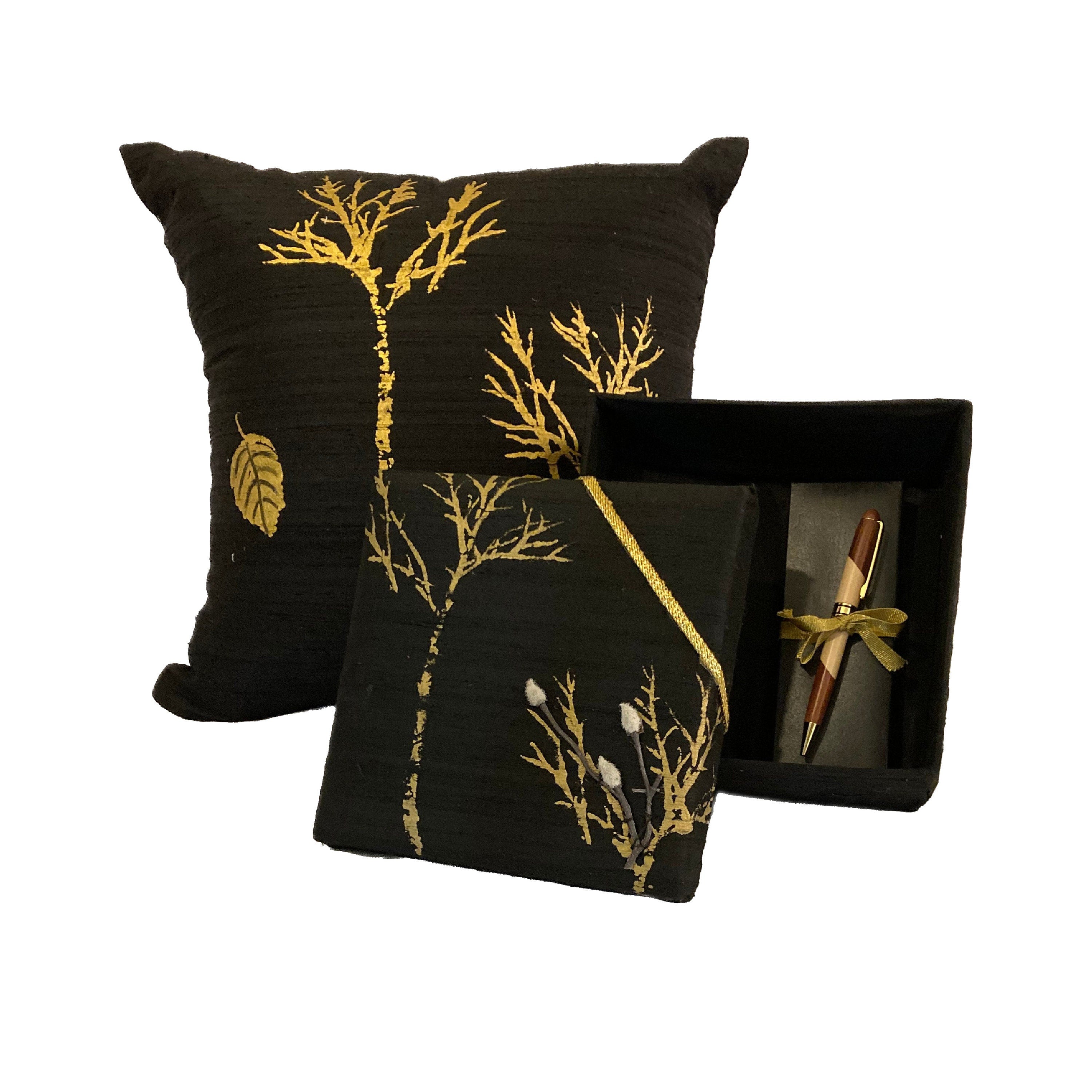 Gold and Black Pillow, LINED Pillow Cover, Indian Silk Pillow, Hand Painted Pillow with Trees