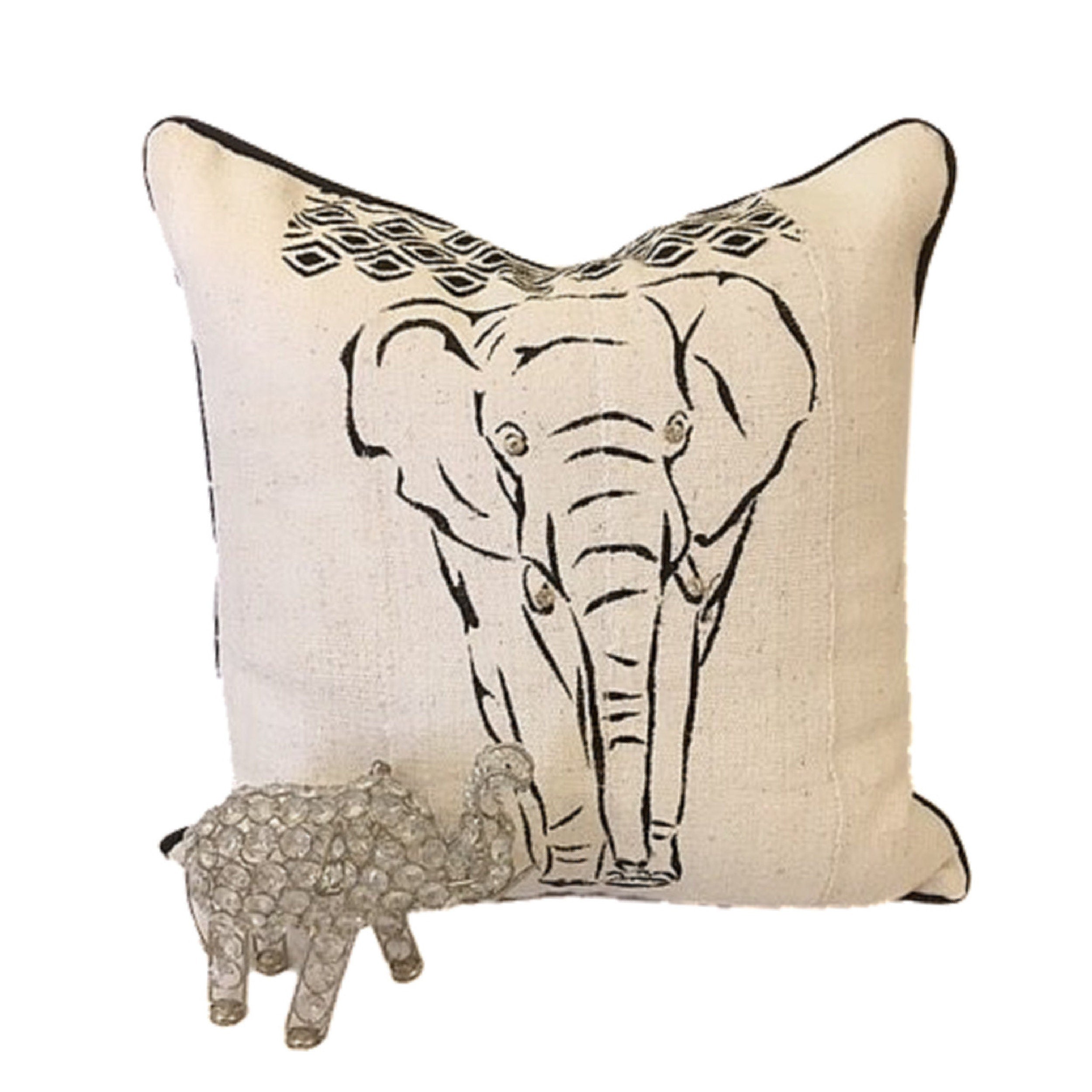 Elephant on Pillow Cover, White Mudcloth Pillow. Black and White Mud Cloth Pillow, Safari Animal Pillow
