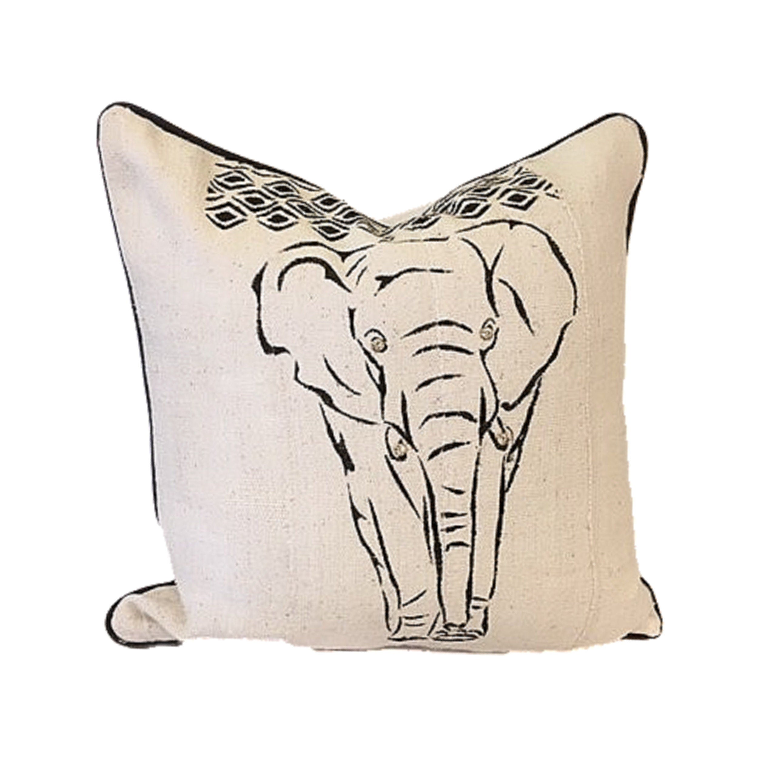 Elephant on Pillow Cover, White Mudcloth Pillow. Black and White Mud Cloth Pillow, Safari Animal Pillow