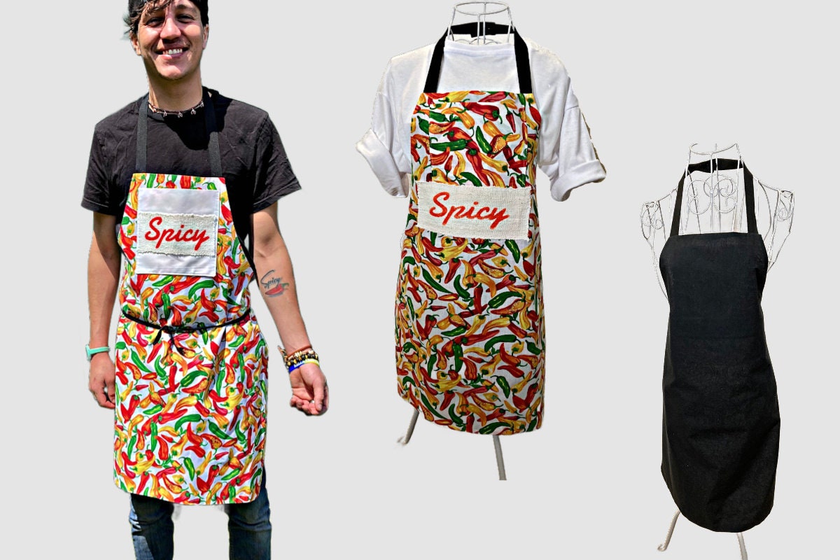 REVERSIBLE (Two Sided)  Apron,  "Spicy" Apron, Chili Pepper Apron, Reversible Apron, Apron with Pockets, Kitchenwear