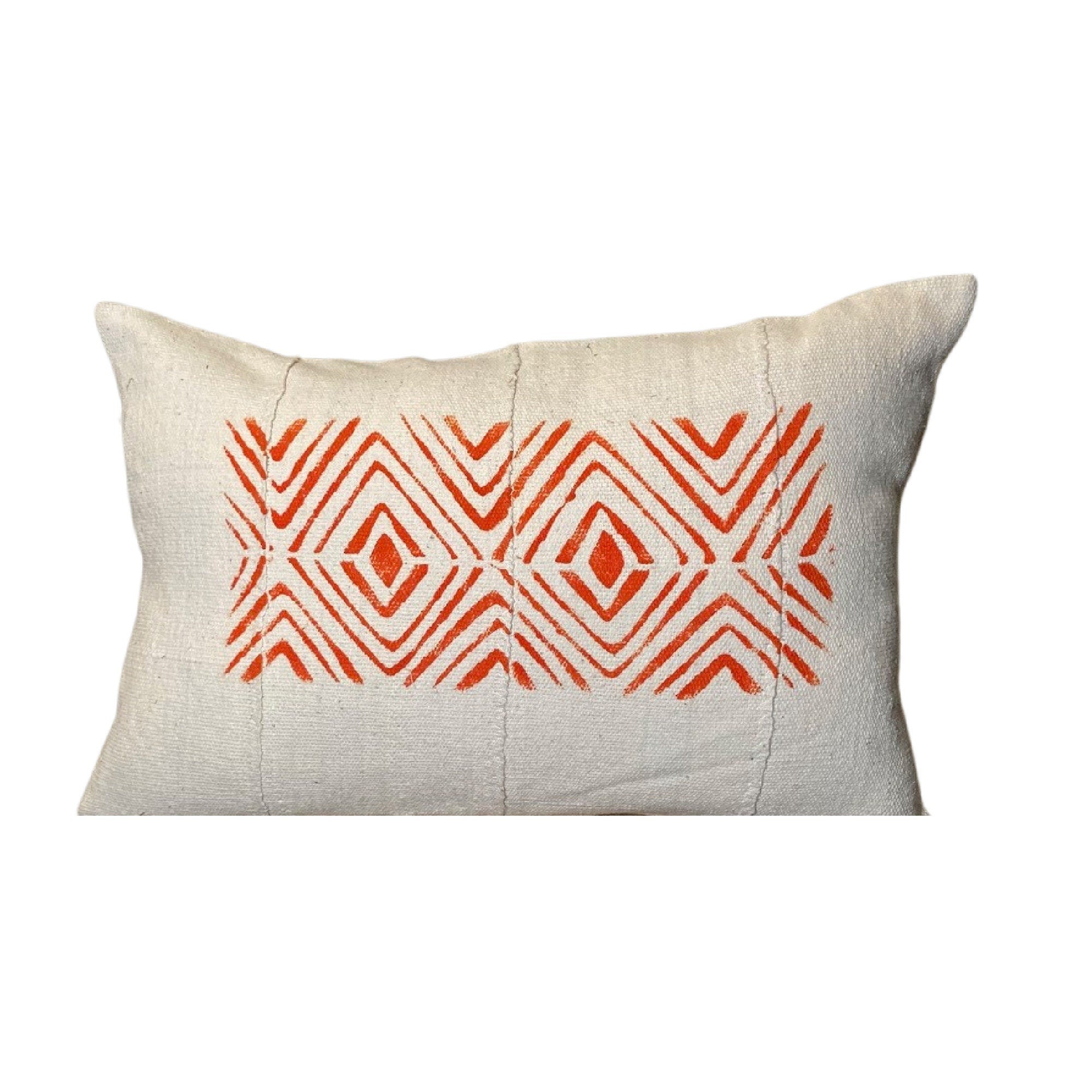 Orange Lumbar Pillow, Mudcloth Long Pillow,  Arrow Design on Pillow, Authentic Mudcloth 12x18, 12x20, 12x22, 14x20