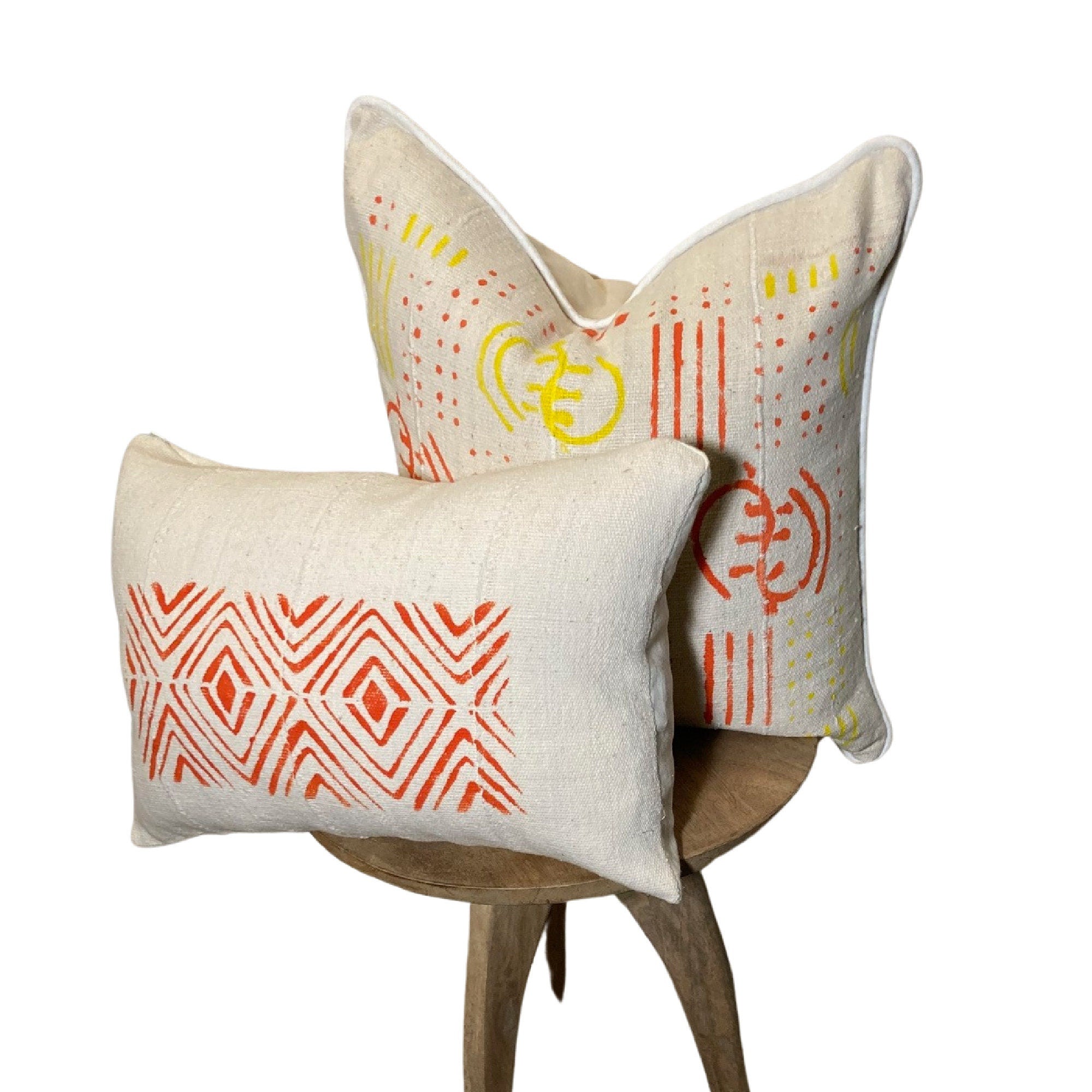 Orange Lumbar Pillow, Mudcloth Long Pillow,  Arrow Design on Pillow, Authentic Mudcloth 12x18, 12x20, 12x22, 14x20