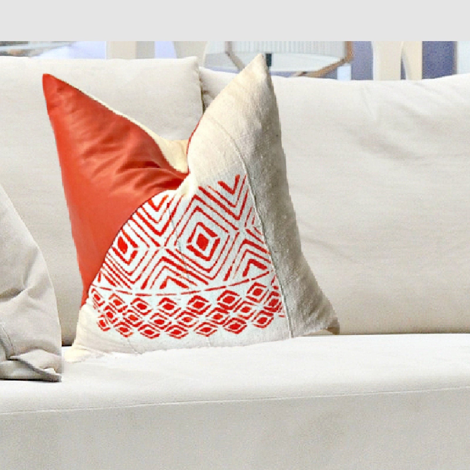 Orange Leather Mudcloth Pillow Cover, MUDCLOTH BOTH SIDES, Italian Leather Pillow,  Mud Cloth Pillow, Handmade Pillow with Arrow Design