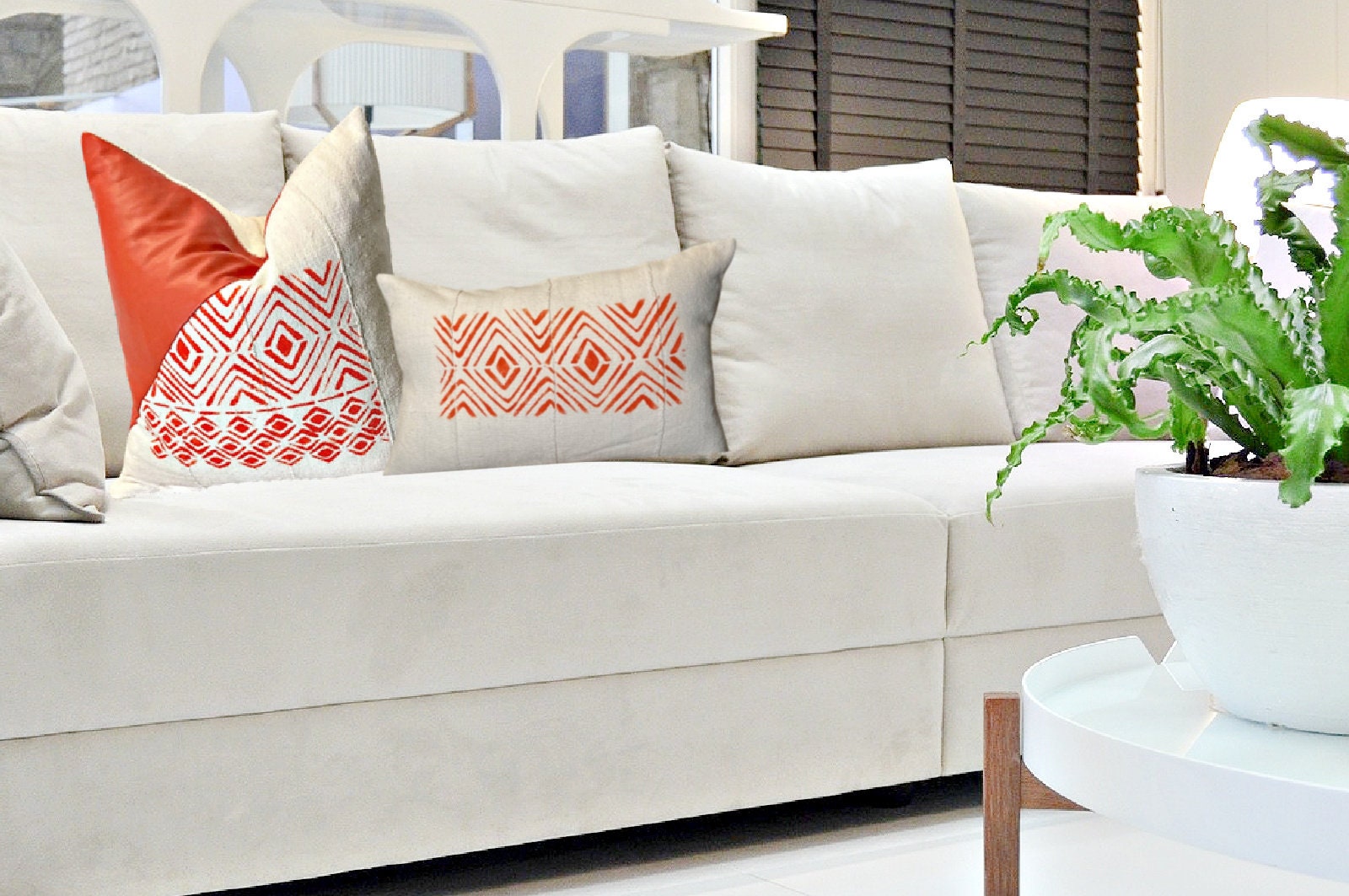 Orange Leather Mudcloth Pillow Cover, MUDCLOTH BOTH SIDES, Italian Leather Pillow,  Mud Cloth Pillow, Handmade Pillow with Arrow Design