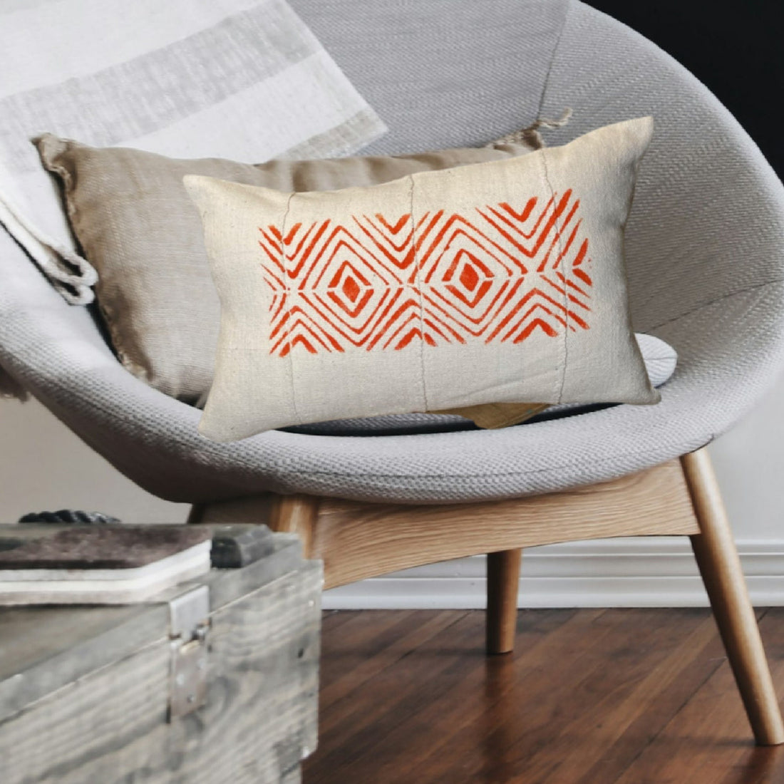 Orange Italian Leather and Mudcloth Pillow Set, One Square and One Long Pillow, Authentic Mudcloth, Arrow Design on Pillows