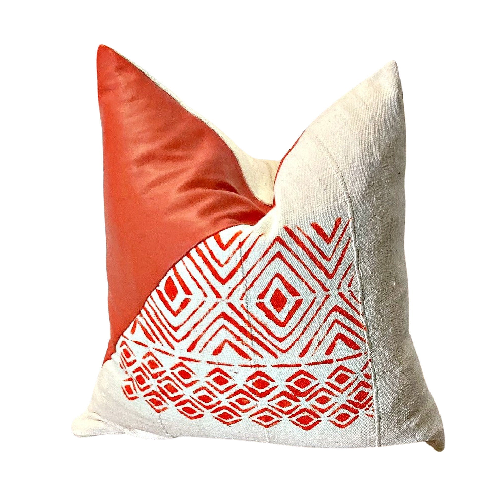 Orange Italian Leather and Mudcloth Pillow Set, One Square and One Long Pillow, Authentic Mudcloth, Arrow Design on Pillows